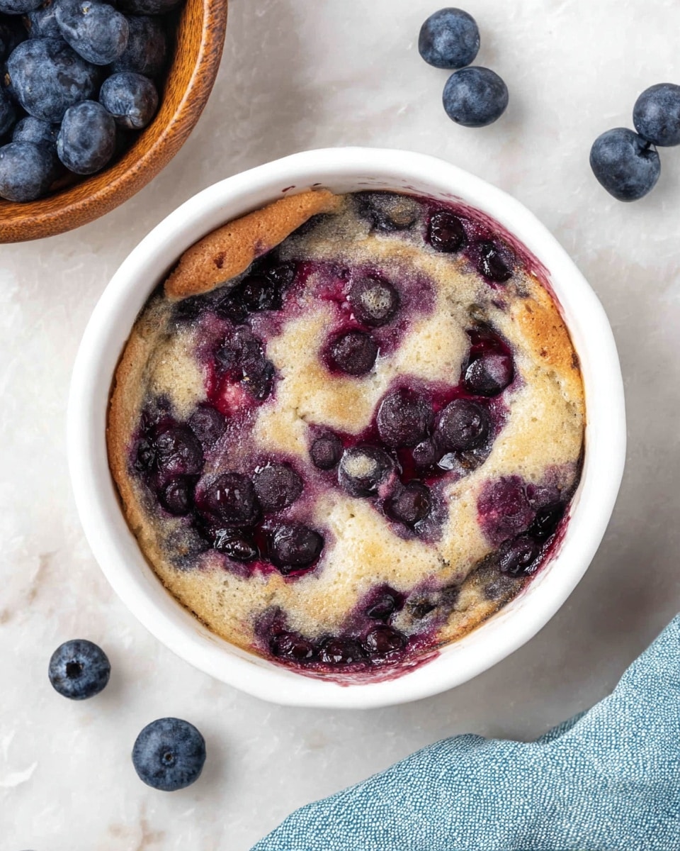 A single white round dish filled with a baked blueberry dessert showing two main layers: a light tan, bubbly, and slightly crusty top layer mixed unevenly with deep purple spots where the blueberries have pushed through, creating a mottled look; the blueberries appear whole and bursting, with some juice lightly spreading around the edges inside the dish. In the top right of the image, there is a wooden bowl filled with fresh blueberries. A few loose blueberries are scattered on a white marbled surface around the dish, and a light blue cloth is partially visible in the bottom right corner. photo taken with an iphone --ar 4:5 --v 7