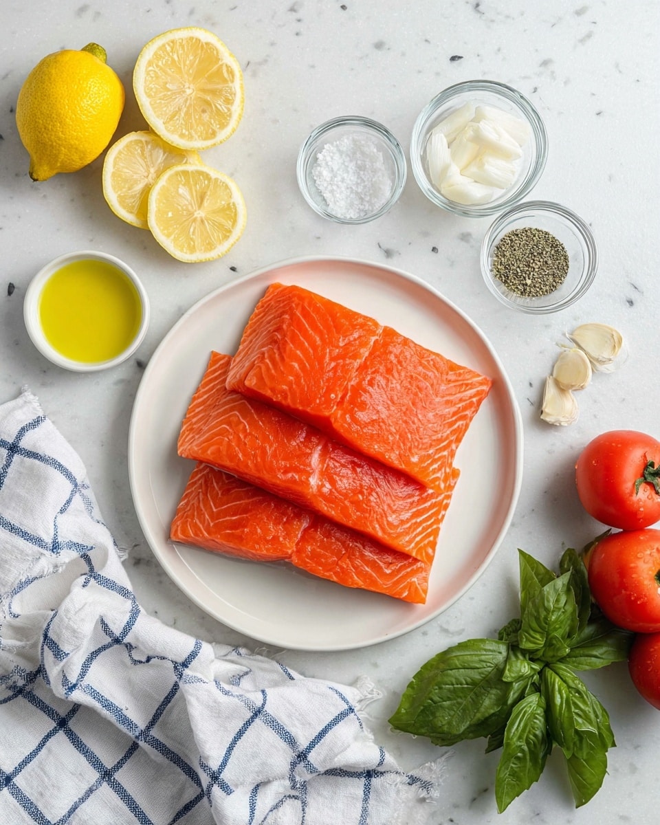 There are three bright orange raw salmon pieces layered on top of each other in the center of a round white plate. Around the plate on a white marbled surface, there are several small clear glass bowls with white sauce, garlic cloves, salt, and black pepper. Sliced lemons with a pale yellow color are placed to the upper left side, a small bowl of yellow olive oil is below the lemons, and fresh bright red tomatoes with green basil leaves are near the bottom right. A white cloth with a blue check pattern lies folded at the bottom left corner. Photo taken with an iphone --ar 4:5 --v 7