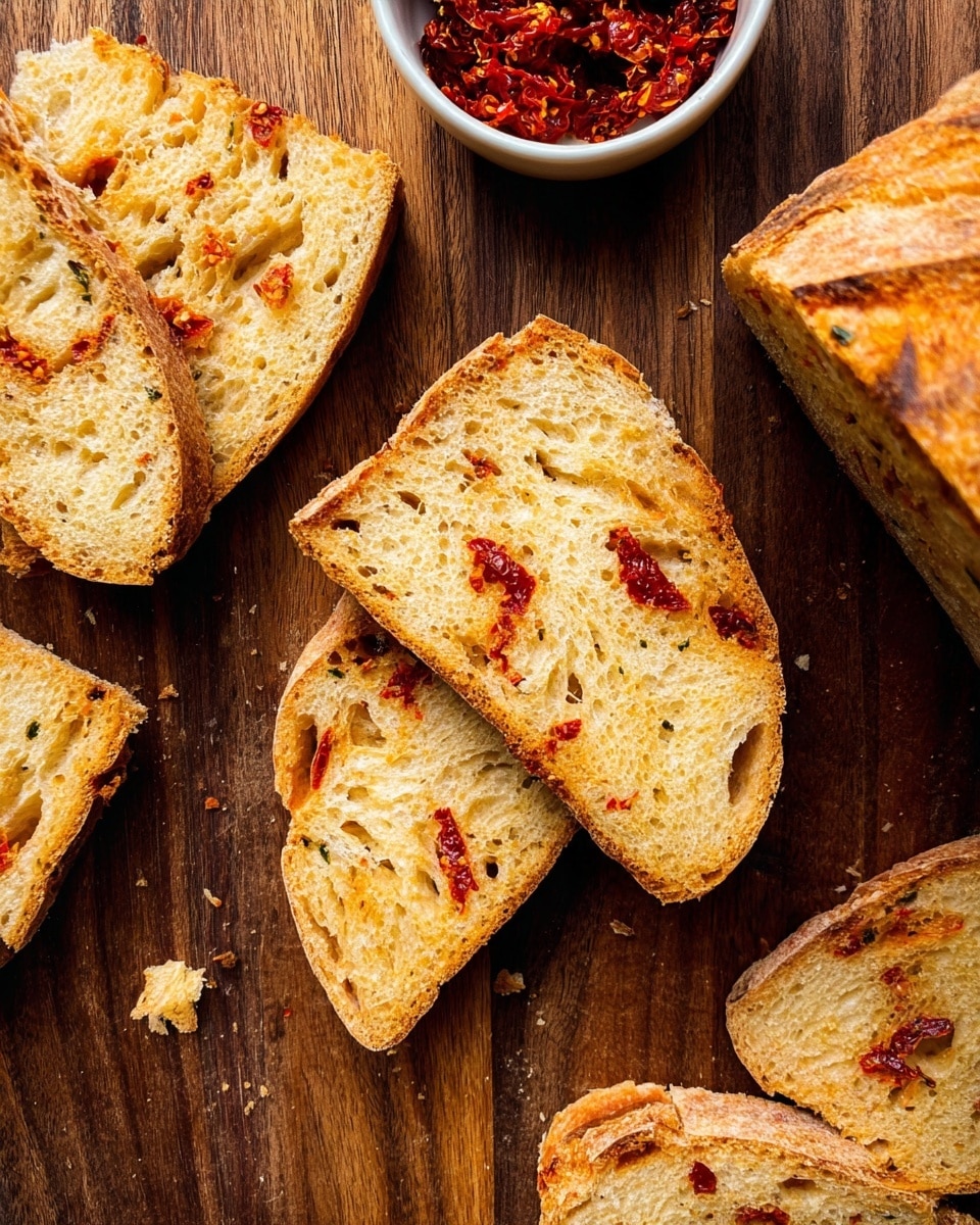 The image shows several pieces of sliced sun-dried tomato bread arranged on a wooden cutting board. The bread has a golden brown crust with a slightly toasted look, and the inside is light with small red sun-dried tomato pieces scattered throughout, giving it a textured and slightly speckled appearance. In the corner, there is a small white bowl filled with bright red sun-dried tomatoes. The overall feel is rustic and warm, with crumbs and bits of bread scattered naturally on the board. photo taken with an iphone --ar 4:5 --v 7