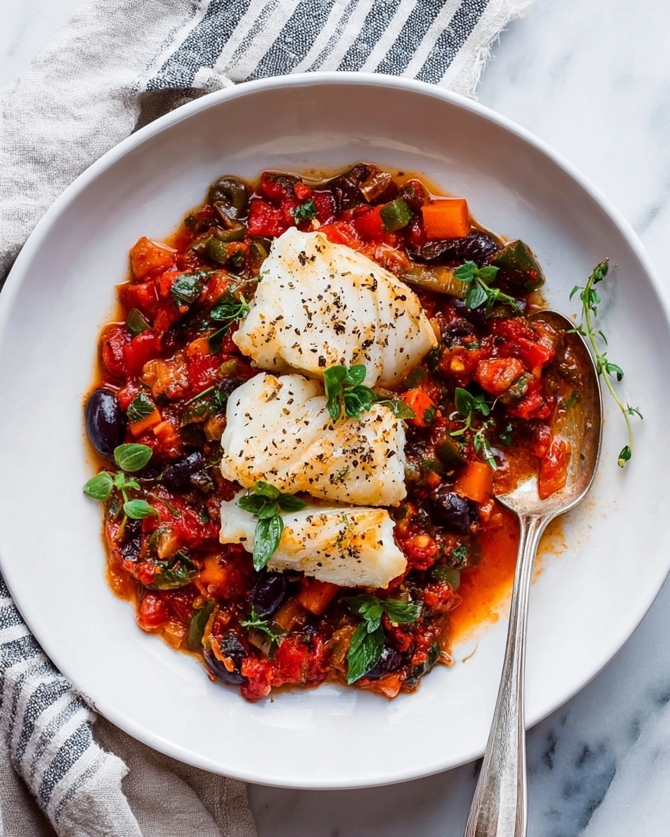 A white plate sits on a white marbled surface, holding a colorful dish with three thick pieces of white fish topped with black pepper at the center. The fish rests on a bright red stew made of chunky diced tomatoes, black olives, and green herbs mixed with small orange and green vegetable bits, creating a rich texture below. Green leaves are sprinkled on top for fresh contrast. A silver spoon is placed inside the dish near the bottom right, stained slightly with the sauce, and a striped cloth peeks out from under the plate. photo taken with an iphone --ar 4:5 --v 7