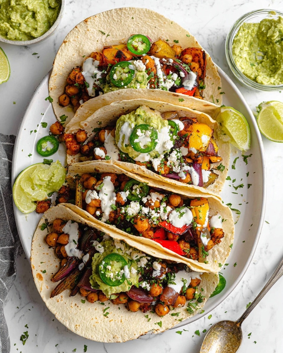 The image shows four soft white tortillas on a white plate with a white marbled surface underneath. Each tortilla is filled with multiple layers of cooked chickpeas and grilled vegetables including pieces of red and yellow peppers and purple onion, all with a slightly charred texture. On top, there is a drizzle of white sauce and a sprinkle of fresh chopped green herbs. Two of the tortillas have a small dollop of green guacamole with a crumbly white cheese on top, and sliced green jalapeño peppers are placed on three of the tacos. There are also lime wedges on the plate, adding a pop of bright green. A small glass bowl with green guacamole and a spoon is on the plate beside the tortillas. Photo taken with an iphone --ar 4:5 --v 7