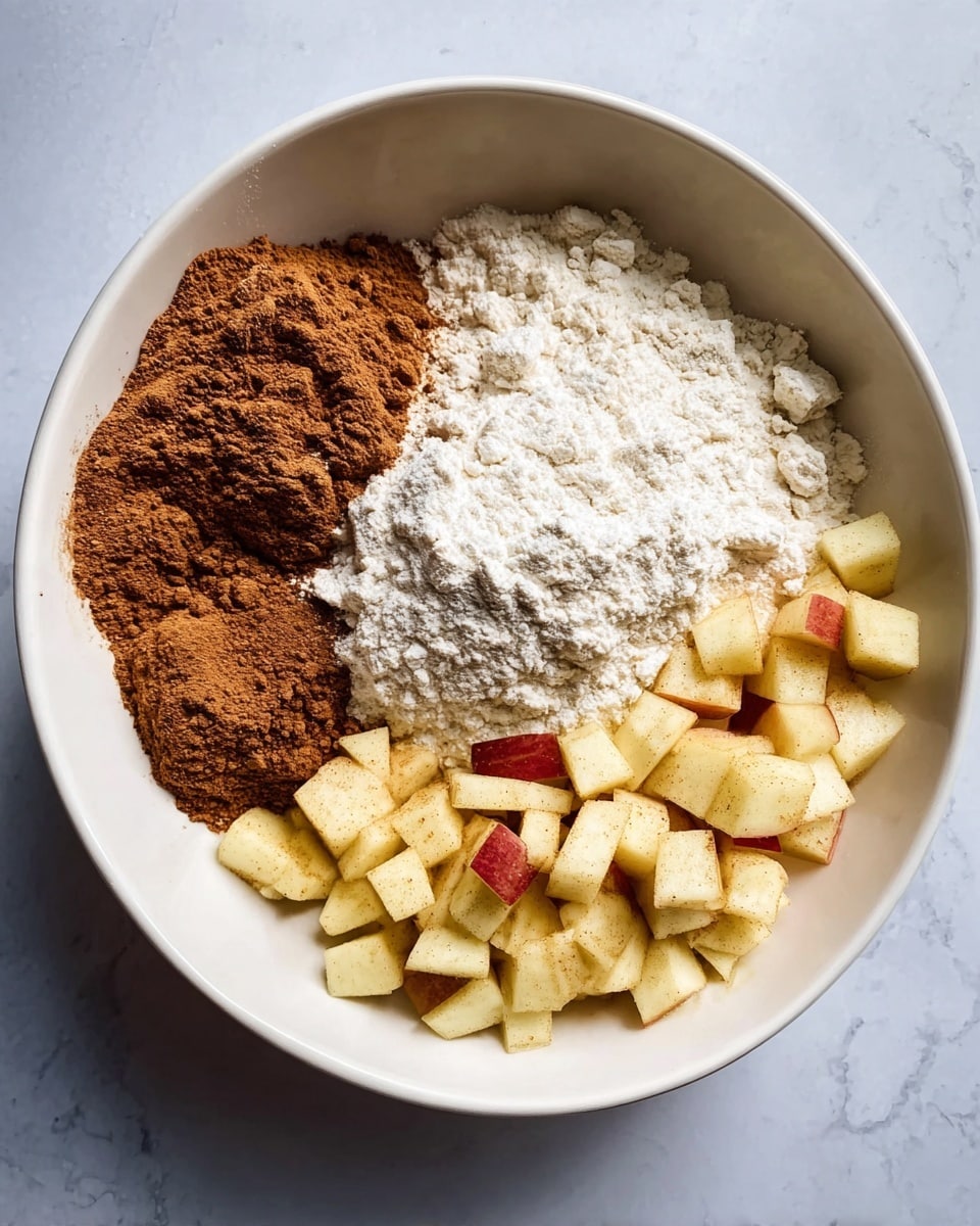 A white bowl sits on a white marbled surface filled with three main layers of ingredients; the top left side has a pile of ground cinnamon with a fine powder texture in deep brown color, next to it in the center lies a mound of white flour with a soft, powdery look, and on the bottom right, there are small chunks of light yellow diced apples with red peel edges sprinkled lightly with cinnamon powder, creating a contrast of soft and slightly rough textures. photo taken with an iphone --ar 4:5 --v 7