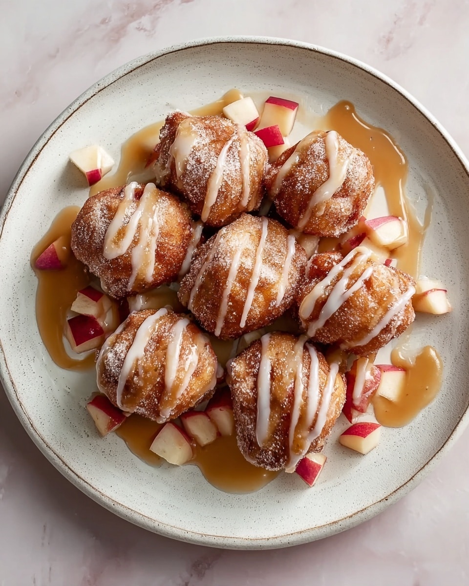 A round white plate filled with seven golden brown fried dough balls arranged in a neat cluster shows light sugary dusting on top. Underneath the dough balls are small pieces of red-skinned apple adding a splash of color. White glaze is drizzled over each dough ball in a zigzag pattern, and a light caramel sauce pools under the cluster, adding shine and a warm tone contrast. The plate sits on a white marbled surface. photo taken with an iphone --ar 4:5 --v 7