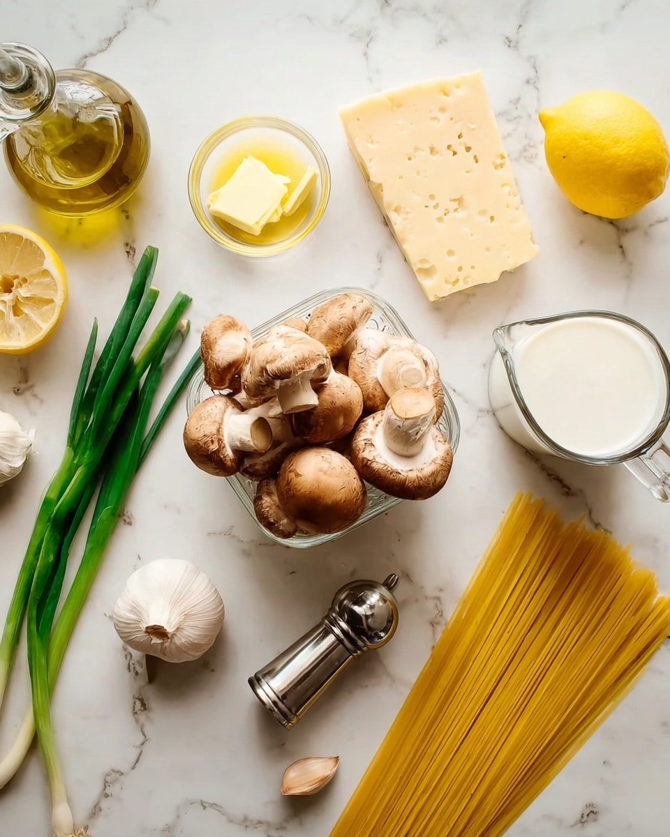 The image shows a white marbled surface with various cooking ingredients arranged neatly. At the center is a clear container filled with brown mushrooms. To the top left, there is a glass bottle with olive oil, and near it is a small bowl with a yellow solid, likely butter. On the left side, green onions are placed diagonally. A lemon sits near the green onions. On the right side of the mushrooms, there is a clear glass pitcher holding white liquid, probably milk. To the right of the pitcher, uncooked yellow spaghetti lies spread out. Below the spaghetti, there is a silver pepper grinder and a clove of garlic. Near the bottom right corner, a wedge of pale yellow cheese is placed. The composition shows a clean and bright kitchen setting. Photo taken with an iphone --ar 4:5 --v 7