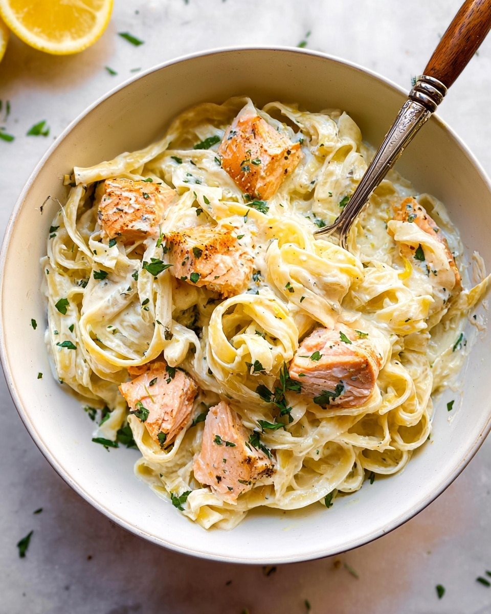 A white bowl filled with creamy fettuccine pasta mixed with several chunks of cooked salmon, both coated in a rich white sauce. The pasta strands are soft and slightly curled, layered unevenly throughout the bowl. Bright green chopped herbs are sprinkled on top and around, adding color contrast. A silver fork with a wooden handle is placed inside the bowl, twirling some pasta and salmon. The bowl sits on a white marbled surface with a lemon half visible in the top left corner. Photo taken with an iphone --ar 4:5 --v 7