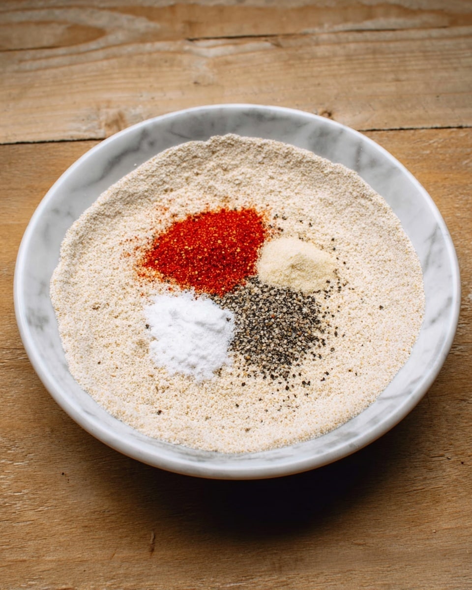 A shallow white bowl filled with a fine beige powder covering almost the entire surface. On top, near the center, there are four small spice piles arranged closely: a bright red spice, a white salt pile, a light cream-colored powder, and a coarse black pepper spread partially over the white salt and surrounding areas. The bowl is placed on a wooden surface, which should be imagined as a white marbled texture. photo taken with an iphone --ar 4:5 --v 7