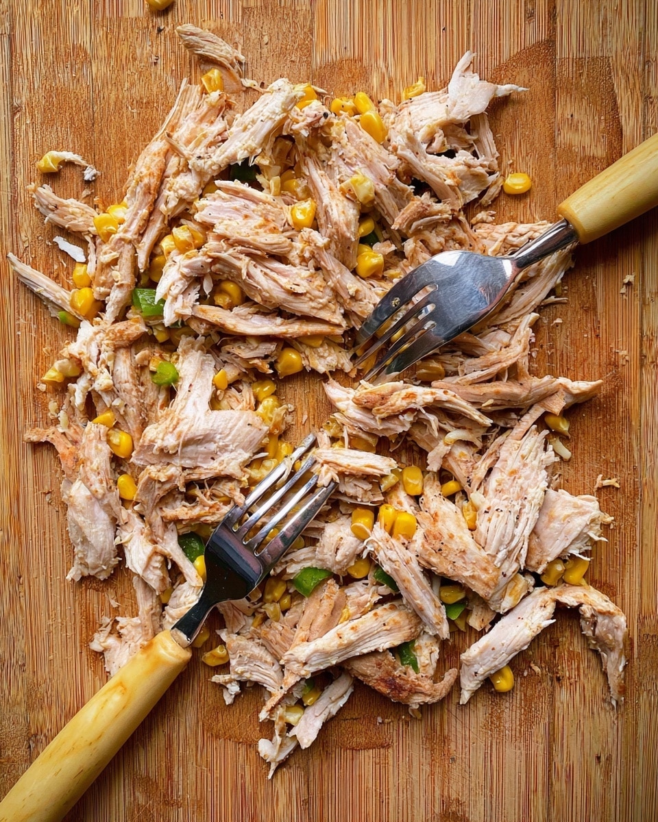 The image shows shredded light brown chicken mixed with small pieces of yellow corn and green peppers scattered on a wooden board. Two forks with light yellow handles are stuck into the chicken near the center of the board, pulling the meat apart to create small strips. The wood board has a natural grain texture and covers the whole background. photo taken with an iphone --ar 4:5 --v 7