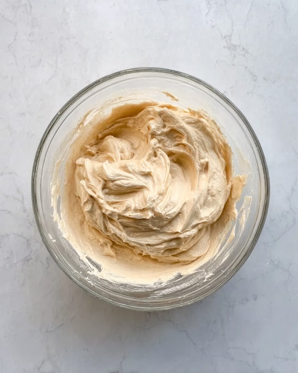 A clear glass bowl filled with a creamy beige mixture that looks soft and thick, sitting on a white marbled surface. The mixture has smooth swirls and peaks, showing its fluffy texture inside the bowl, which is viewed from above. Photo taken with an iphone --ar 4:5 --v 7