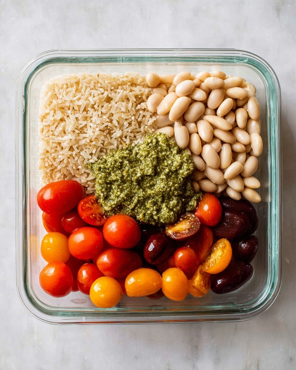 A clear glass square dish placed on a white marbled surface holds four distinct layers arranged side by side. On the left, there is a layer of light brown rice with a dry and grainy texture. Next to it, on the right, is a layer of pale beige beans with a smooth, shiny surface. Below the beans, the bottom section contains halved cherry tomatoes in red, orange, and dark purple colors, showing a fresh and juicy texture. At the center, partially covering the beans and rice, is a dollop of green pesto sauce with a coarse, slightly chunky texture. Photo taken with an iphone --ar 4:5 --v 7