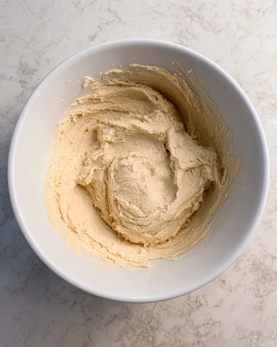 In the image, there is a white bowl filled with a single layer of pale beige dough-like mixture. The mixture is thick and smooth with a slightly rough texture and appears soft and creamy. It is spread unevenly inside the bowl, covering the bottom and part of the sides. The bowl is placed on a white marbled textured surface. photo taken with an iphone --ar 4:5 --v 7