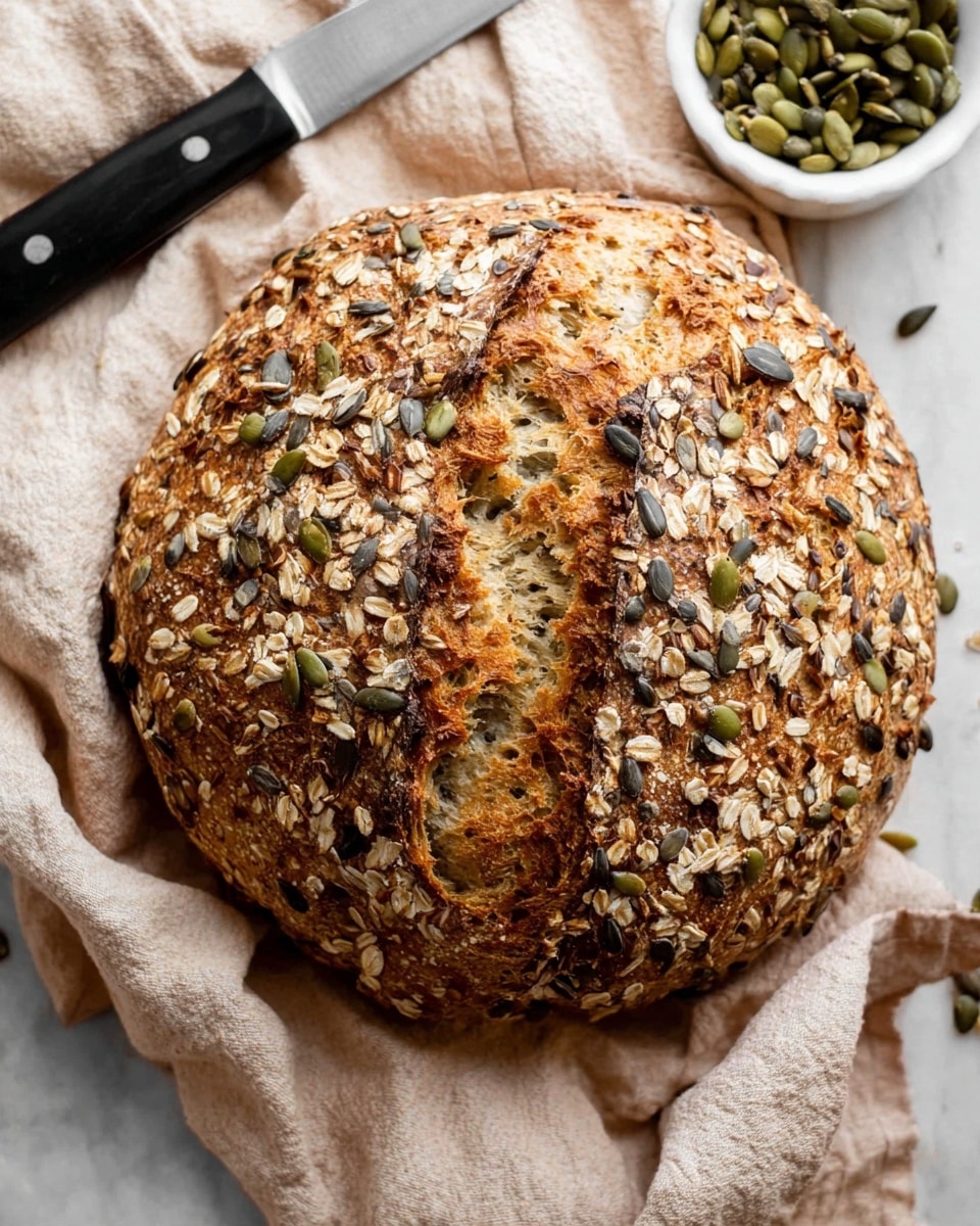 A round loaf of bread with a golden brown crust covered in seeds like sunflower and pumpkin seeds, as well as oats, on top. The bread has a rustic, crunchy texture with a deep crack running down the center, revealing a slightly lighter, airy inside. The loaf sits on a white marbled textured surface with a cloth underneath that has soft beige and light brown tones. Nearby is a small white dish filled with green pumpkin seeds and a knife with a black handle lies in the background. Photo taken with an iphone --ar 4:5 --v 7
