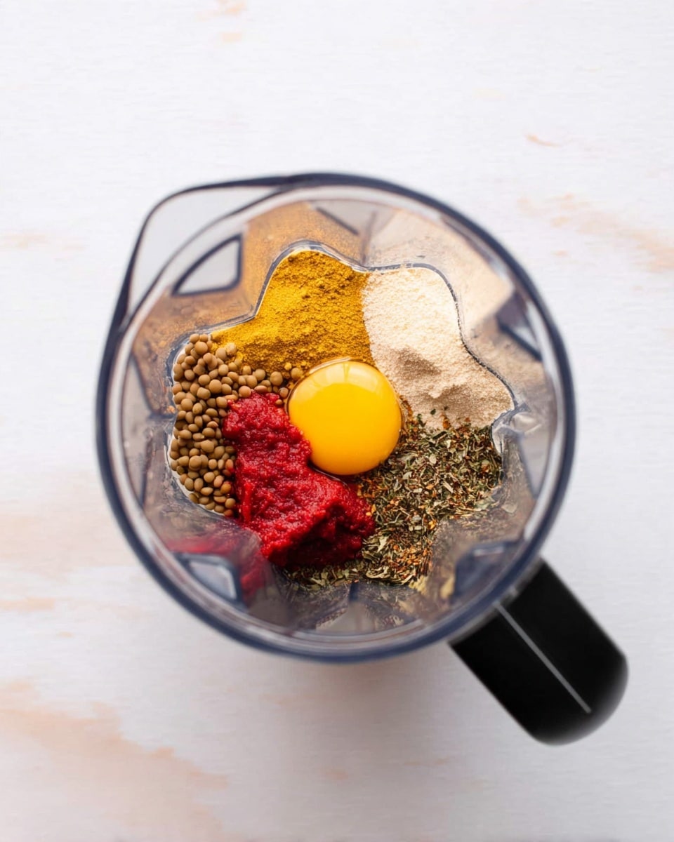 A top view of a clear blender jar showing five distinct layers of ingredients inside on a white marbled surface. In the upper left section lies a bright yellow egg yolk sitting on small brown lentils, forming the bottom layer. To the right of the yolk is a light beige powder, taking about a quarter of the jar’s space at the top right. Below the yellow yolk, in the middle left, is a dollop of thick, bright red paste with a slightly shiny texture. On the bottom right side, there is a mix of dried herbs and spices blending dark green, brown, and red flecks, creating a rough, coarse texture. The blender’s handle is black and positioned on the lower right side. Photo taken with an iphone --ar 4:5 --v 7
