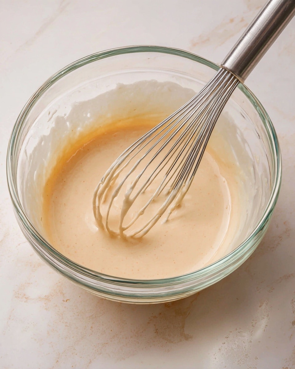 A clear glass bowl holds one layer of smooth, light beige batter with a slightly glossy texture. Inside the bowl, a metal whisk with thin, shiny wires dips into the batter, some batter clinging to the wires. The bowl sits on a white marbled surface with soft light reflecting gently on the glass and batter. photo taken with an iphone --ar 4:5 --v 7