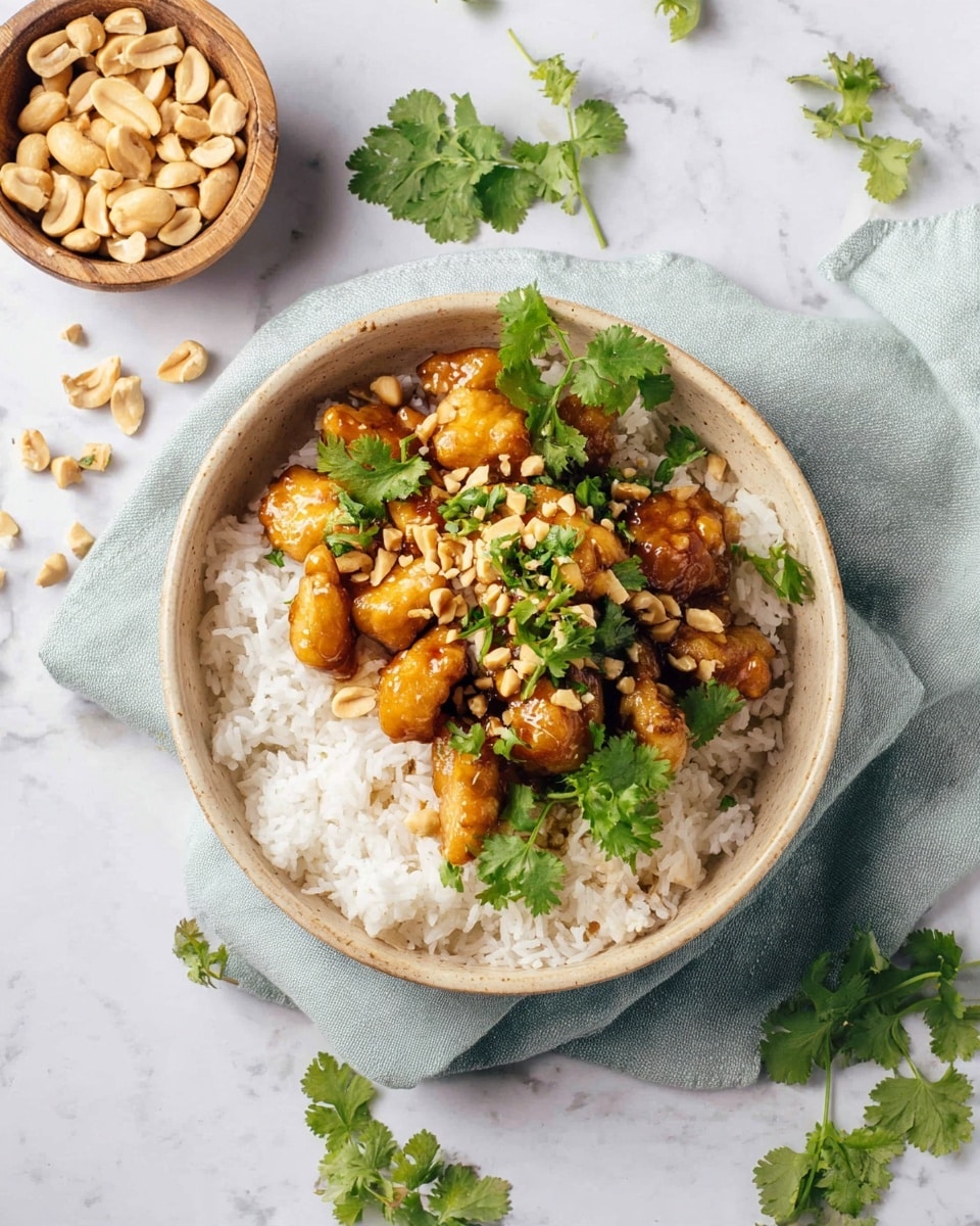 A beige bowl filled with two main layers; the bottom layer is white fluffy rice with a soft texture, and on top are golden-brown pieces of chicken coated in a shiny sauce, scattered with chopped peanuts and fresh green cilantro leaves. The bowl is placed on a light blue cloth on top of a white marbled surface and there are some loose cilantro leaves and a wooden bowl filled with peanuts nearby. photo taken with an iphone --ar 4:5 --v 7