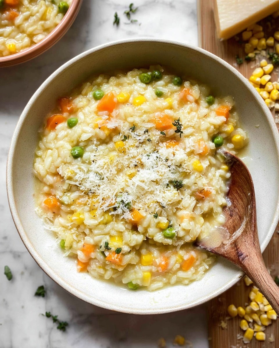 A close-up view of a bowl of creamy risotto with three layers visible: the first layer is the base of soft, shiny risotto rice mixed with small pieces of bright orange carrot and yellow corn, the second layer shows green peas and some herbs scattered within, and the third layer on top is a light dusting of white grated cheese melting slightly into the dish; the bowl is a simple round white ceramic bowl with a smooth edge and a wooden spoon inside the risotto near the bottom right, all placed on a white marbled surface with some extra pieces of corn and herb bits around the bowl; photo taken with an iphone --ar 4:5 --v 7