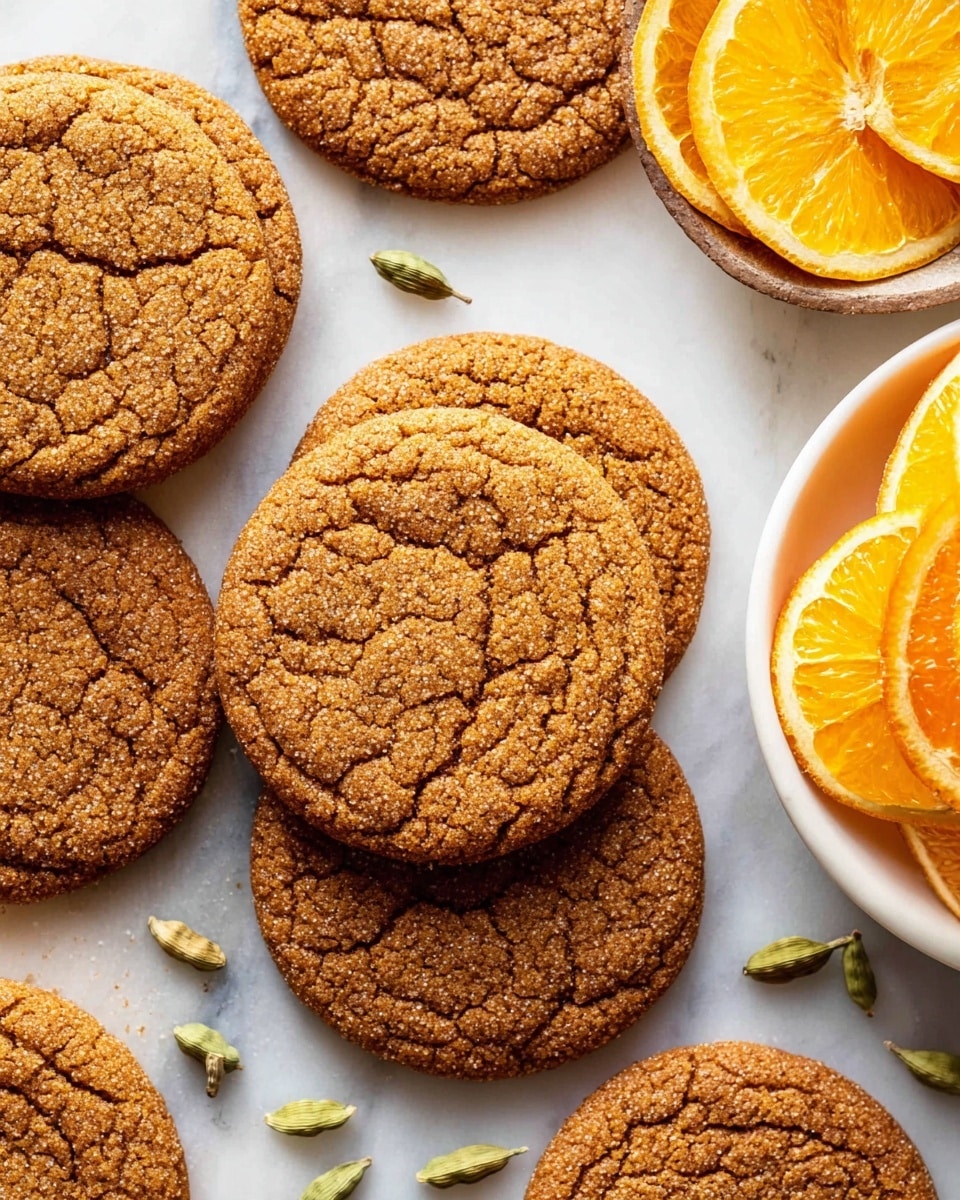 The image shows a group of round, flat cookies with a cracked surface and a brown, golden color, spread out on a white marbled surface. Some cookies overlap each other in the middle, creating a layered effect. To the right, there is a white bowl filled with bright orange slices, showing juicy texture and white edges of the peel. Scattered around the cookies and bowl are a few greenish-brown cardamom pods, adding small details to the composition. The scene is bright and clear, highlighting the textures and colors of the food photo taken with an iphone --ar 4:5 --v 7