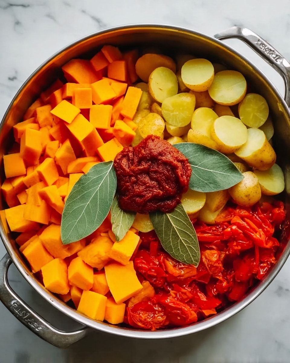 A top view of a large cooking pot filled with three main layers of chopped vegetables arranged separately inside: on the left, there are bright orange cubed butternut squash, on the top right, small light yellow sliced potatoes with skin, and on the bottom right, vibrant red chopped tomatoes. In the center, there are two large green bay leaves and a thick dollop of dark red tomato paste sitting on top of the squash and tomatoes. The pot is resting on a white marbled surface. photo taken with an iphone --ar 4:5 --v 7
