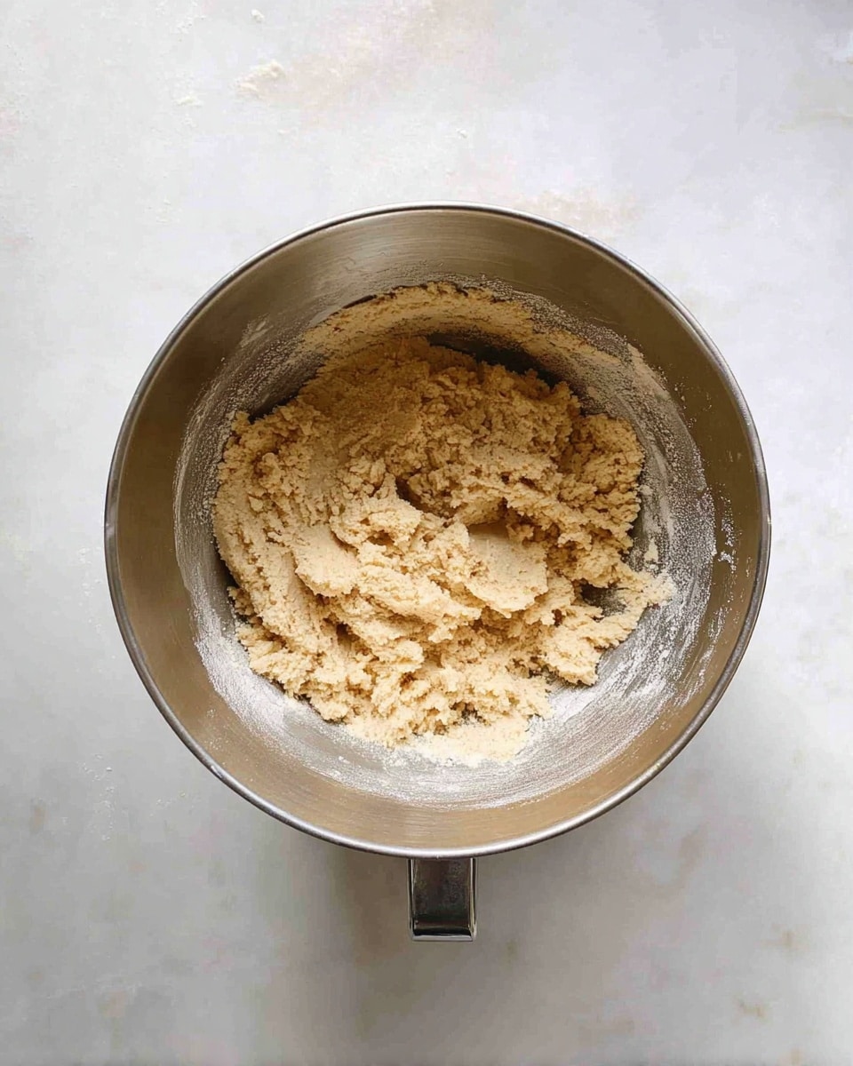 A shiny silver mixing bowl is centered on a white marbled surface, filled with light brown dough that is slightly crumbly and unevenly spread across the bottom of the bowl, showing some texture from mixing. The bowl handle is visible at the top, reflecting light softly. The dough looks soft and thick, with some patches sticking slightly more than others, and the inside of the bowl has faint traces of flour dust. photo taken with an iphone --ar 4:5 --v 7