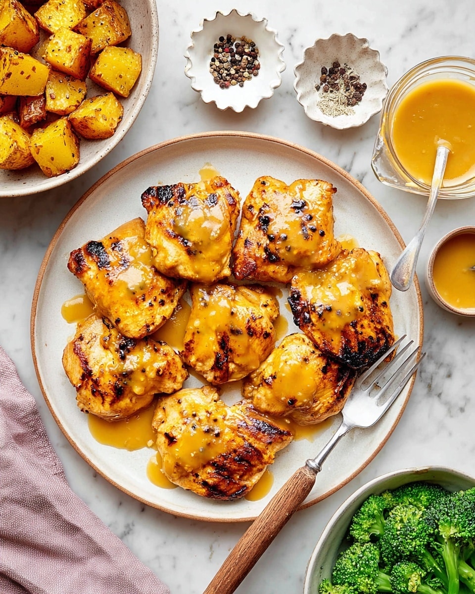 A round white plate holds eight grilled pieces of chicken with golden-brown char marks, all coated in a shiny, thick orange-yellow sauce that glistens under the light. The chicken pieces are arranged mostly in a scattered, slightly overlapping layout in the center of the plate. To the left of the plate is a bowl filled with roasted yellow potato cubes with dark brown edges, and in the bottom right corner is a bowl of bright green broccoli florets. Near the top, behind the plate, there is a small white, scalloped-edge dish with coarse black pepper sprinkled inside, and next to it, a small glass bowl holds more of the same orange-yellow sauce, with a spoon resting inside. A wooden-handled fork rests on the lower right edge of the white plate. All items rest on a white marbled surface. Photo taken with an iphone --ar 4:5 --v 7