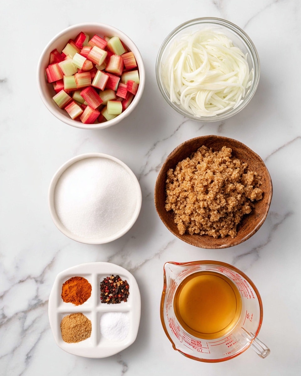Six containers with different ingredients are placed neatly on a white marbled surface. At the top left, a white bowl holds small, colorful cubes of red and green rhubarb, showing a textured, fresh look. To its right, a clear glass bowl contains thinly sliced white onions with a soft, layered texture. Below the rhubarb, a white bowl is filled with crumbly brown sugar, showing a rough, grainy surface. Across from it, a rustic wooden bowl holds fine, white granulated sugar with a smooth, even texture and a slight swirl pattern on top. At the bottom left, a small white dish is divided into five sections with different powdered spices including white, light brown, dark brown, and orange-red colors, each with a fine texture. Finally, at the bottom right, a clear glass measuring cup contains a light amber liquid, showing a smooth and shiny surface. All items are organized cleanly with bright natural light emphasizing the colors and textures, photo taken with an iphone --ar 4:5 --v 7