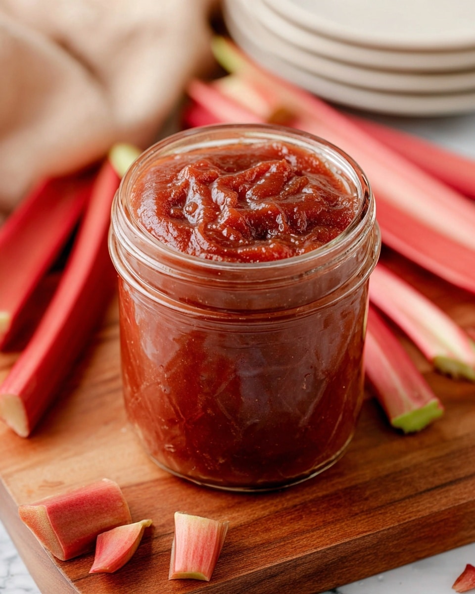 A clear glass jar filled with a thick, chunky reddish-brown sauce, showing visible pieces and swirls on the surface, sitting on a wooden board. Surrounding the jar are fresh reddish-pink rhubarb stalks with green tips and a few chopped pieces scattered around. The background shows soft, out-of-focus white marbled texture with stacked white plates and a beige cloth. Photo taken with an iphone --ar 4:5 --v 7