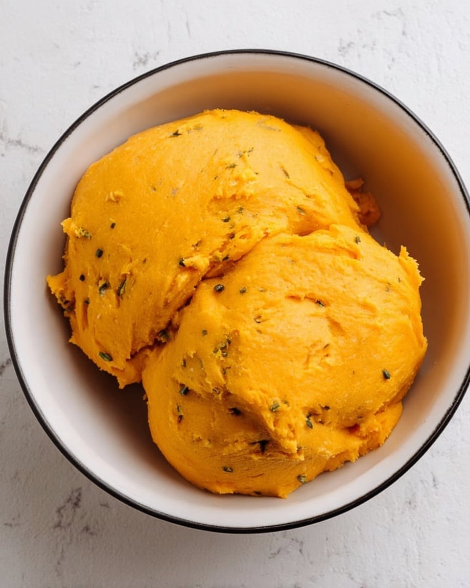 A white bowl with a thin black rim holds two large, soft lumps of bright orange dough mixed with small green herb pieces throughout. The dough looks smooth and slightly shiny, with some gentle folds and air pockets visible on the surface. The bowl is placed on a white marbled surface, giving a clean and fresh background. photo taken with an iphone --ar 4:5 --v 7