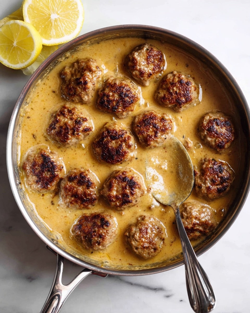A round silver metal pan with a long handle shows about 14 browned meatballs in a thick, light brown sauce that fills the pan halfway. The meatballs have a slightly rough texture with darker char marks and small bits visible inside. To the top left of the pan, three lemon halves with juicy, pale yellow interiors rest on a white marbled surface. A spoon with a reflective silver handle dips into the sauce on the right side of the pan. photo taken with an iphone --ar 4:5 --v 7