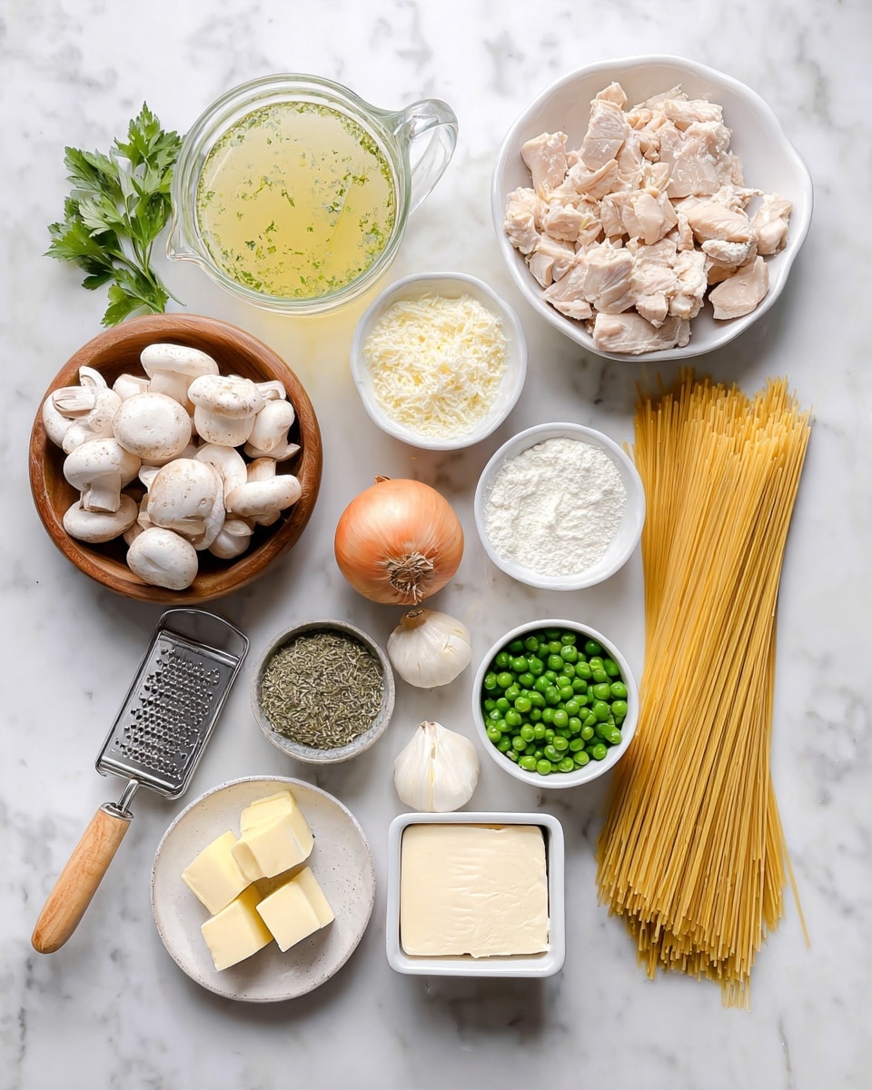 The image shows various cooking ingredients arranged neatly on a white marbled surface. On the right, there is a pile of uncooked pasta in thin, long strands. Next to it is a clear small pitcher filled with light yellow liquid broth with green herbs floating inside. Above it, a glass jar contains a white creamy liquid. A large white bowl filled with chopped, cooked chicken pieces sits near the top right. Below the bowl is a white rectangular container holding a block of cream cheese. In the middle, a small white bowl holds some dried green herbs. Next to it is an onion, and beside that, a small bowl filled with white flour. On the left side, there is a wooden bowl filled with sliced white mushrooms. Above it, a small glass bowl contains green peas. Next to it, a small round white plate with cubes of butter, and a few sprigs of fresh parsley are beside that. A garlic bulb, a small round bowl of salt, a piece of grated parmesan cheese with a wooden-handled grater, and a metal measuring cup with breadcrumbs complete the arrangement. All ingredients are displayed clearly and brightly. Photo taken with an iphone --ar 4:5 --v 7