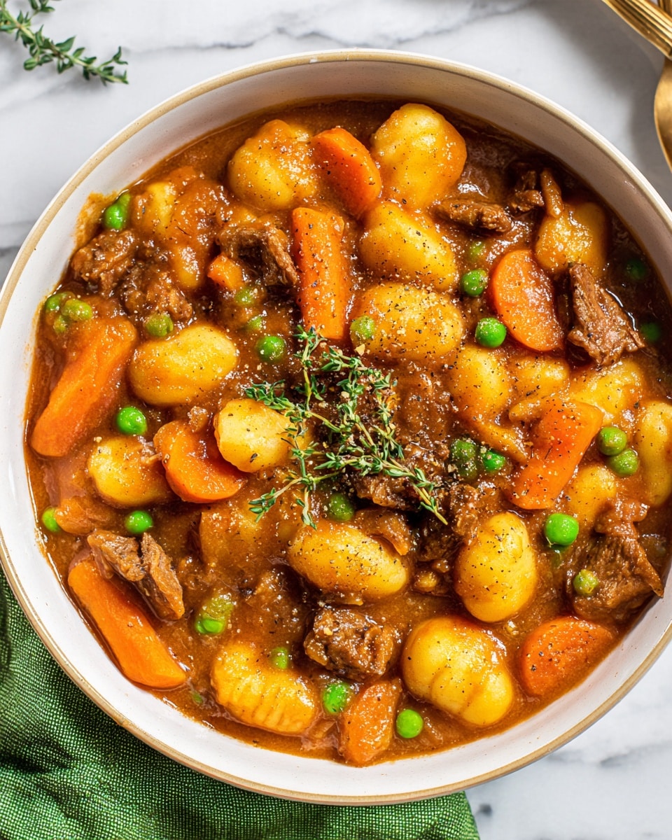A bowl filled with a thick stew that has many layers of chunky ingredients in a rich brownish-orange sauce. The layers show plump gnocchi pieces, bright orange baby carrots, small green peas, and medium-sized tender brown meat chunks, all mixed together. There are also visible light yellow potato chunks and translucent cooked onion pieces scattered throughout. Fresh green thyme sprigs sit on top for garnish, with a light sprinkle of black pepper. The bowl is white, placed on a white marbled surface with a green cloth napkin partly visible next to it. The photo taken with an iphone --ar 4:5 --v 7