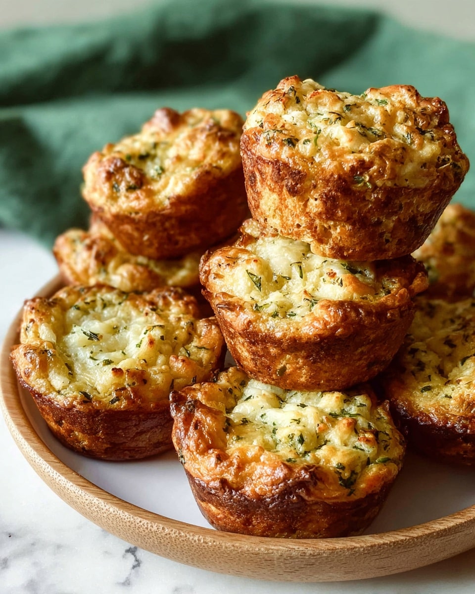 Seven small golden-brown muffins with a textured surface showing bits of green herbs and white cheese are stacked on a round white plate. The muffins have slightly crispy edges and a soft, fluffy interior visible from the uneven tops. The plate sits on a white marbled surface, and there is a green cloth blurred in the background. The natural light highlights the muffins' warm colors and textures. photo taken with an iphone --ar 4:5 --v 7