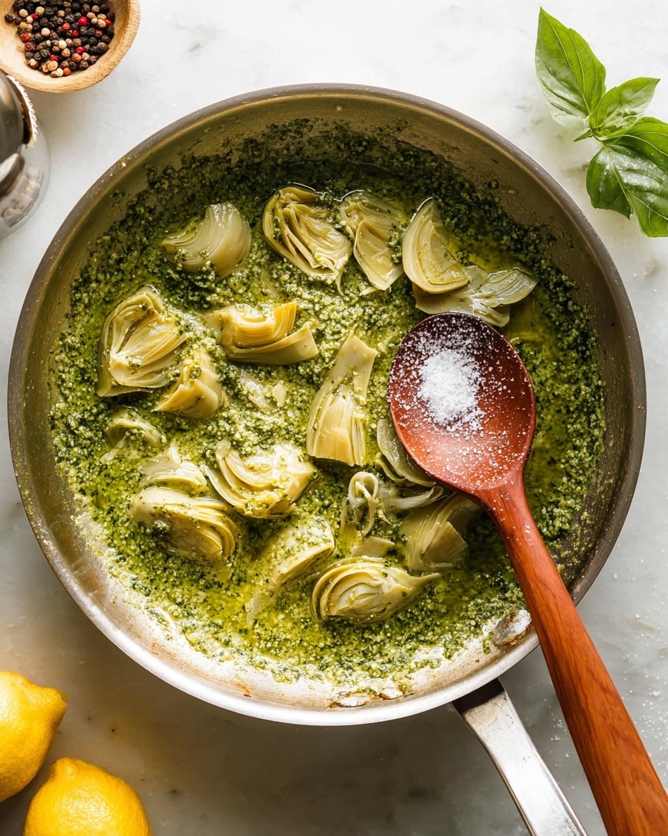 A silver pan filled with a green pesto sauce base, textured with small bits of herbs, and spread evenly across the pan. On top of the pesto sauce are several pale yellow artichoke hearts scattered in the center, showing soft layers inside. A wooden spoon with a reddish-brown color rests in the pan, partially covered with salt granules. The background is a white marbled texture with a small bowl of peppercorns and a green basil leaf near the top edge, and part of a yellow lemon visible at the lower left corner. photo taken with an iphone --ar 4:5 --v 7