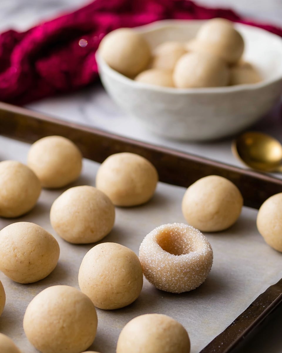 The image shows a close-up of many light beige dough balls on a baking tray lined with parchment paper. Most dough balls are smooth and round, while a few have a hollow center or are covered in sugar crystals, adding slight texture contrast. In the background, there is a white bowl containing one dough ball, partially blurred. The scene is set on a white marbled surface with a hint of red fabric and a golden spoon visible softly out of focus. The light creates soft shadows and highlights the smooth texture of the dough balls. photo taken with an iphone --ar 4:5 --v 7