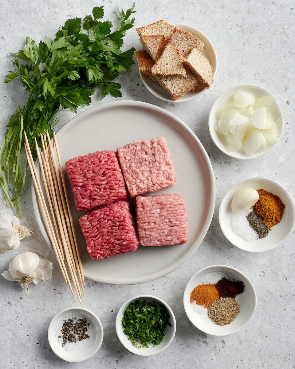 A white plate holds two square blocks of raw ground meat, one red and one light pink, with several wooden skewers laid across the plate. Around the plate are several small white bowls: one filled with fresh green parsley leaves, another with white onion halves, one containing three garlic cloves, a small bowl with coarse salt and ground black pepper, another with a mix of five different colorful ground spices arranged in sections, a bowl of torn toasted bread pieces, and a small bowl of finely chopped green herbs. All are placed on a white marbled surface. Photo taken with an iphone --ar 4:5 --v 7