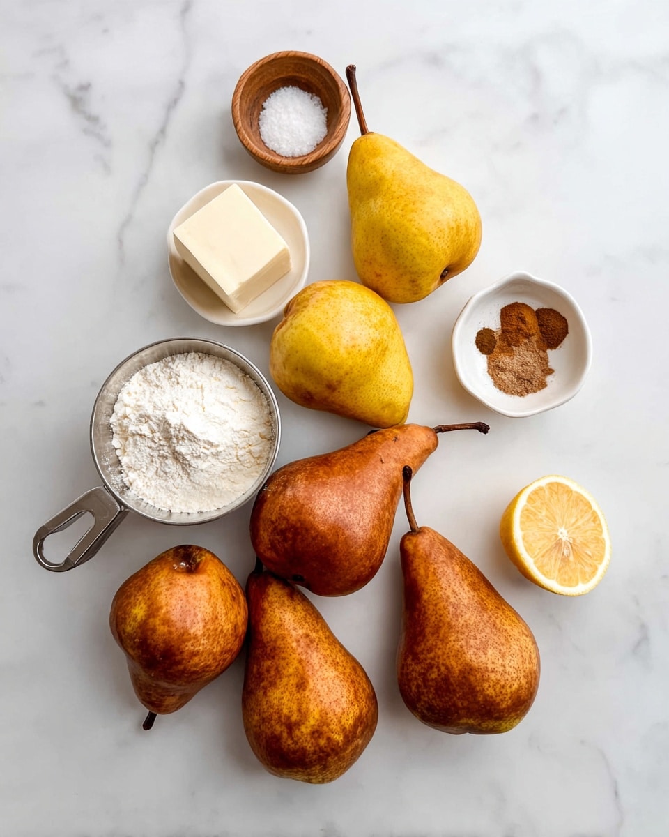 The image shows six pears arranged on a white marbled surface; three are yellow and three are reddish-brown. Above the pears, there are three small containers: a small wooden bowl with white granules (likely salt), a white bowl with three different brown spices, and a white cube of butter resting on the surface. To the left of the pears, there is a metal measuring cup filled with white flour, and to the lower right, a half lemon with a visible seed faces upwards. The colors and textures stand out clearly against the clean white marbled background. photo taken with an iphone --ar 4:5 --v 7