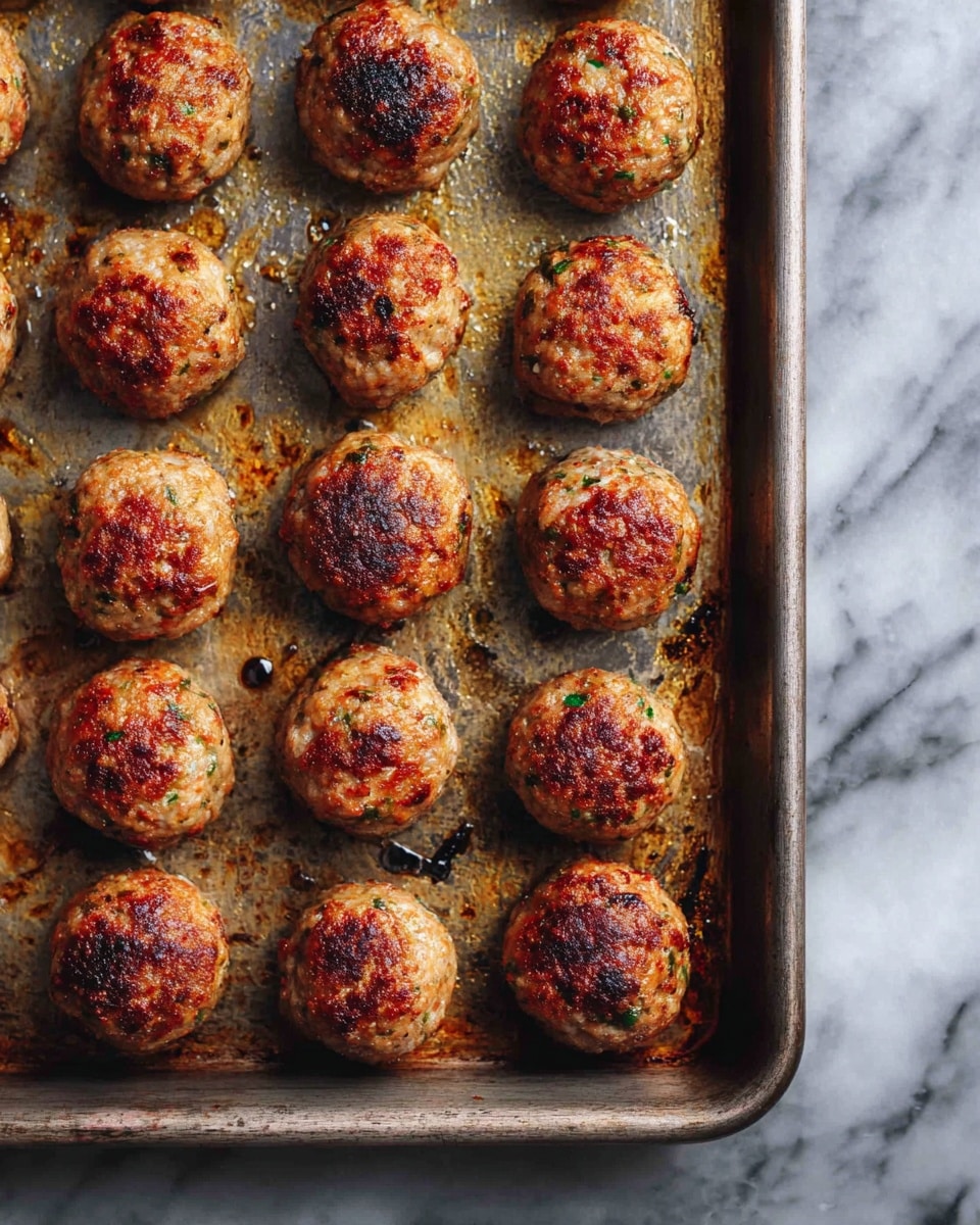 A baking tray filled with neatly arranged round meatballs, about three rows wide and six rows long, each ball showing a golden-brown, crispy texture on the outside with some darker spots indicating roasting. The tray has a slightly worn, metallic surface with some oily stains and charred marks beneath the meatballs. The background beneath the baking tray is a white marbled texture. photo taken with an iphone --ar 4:5 --v 7