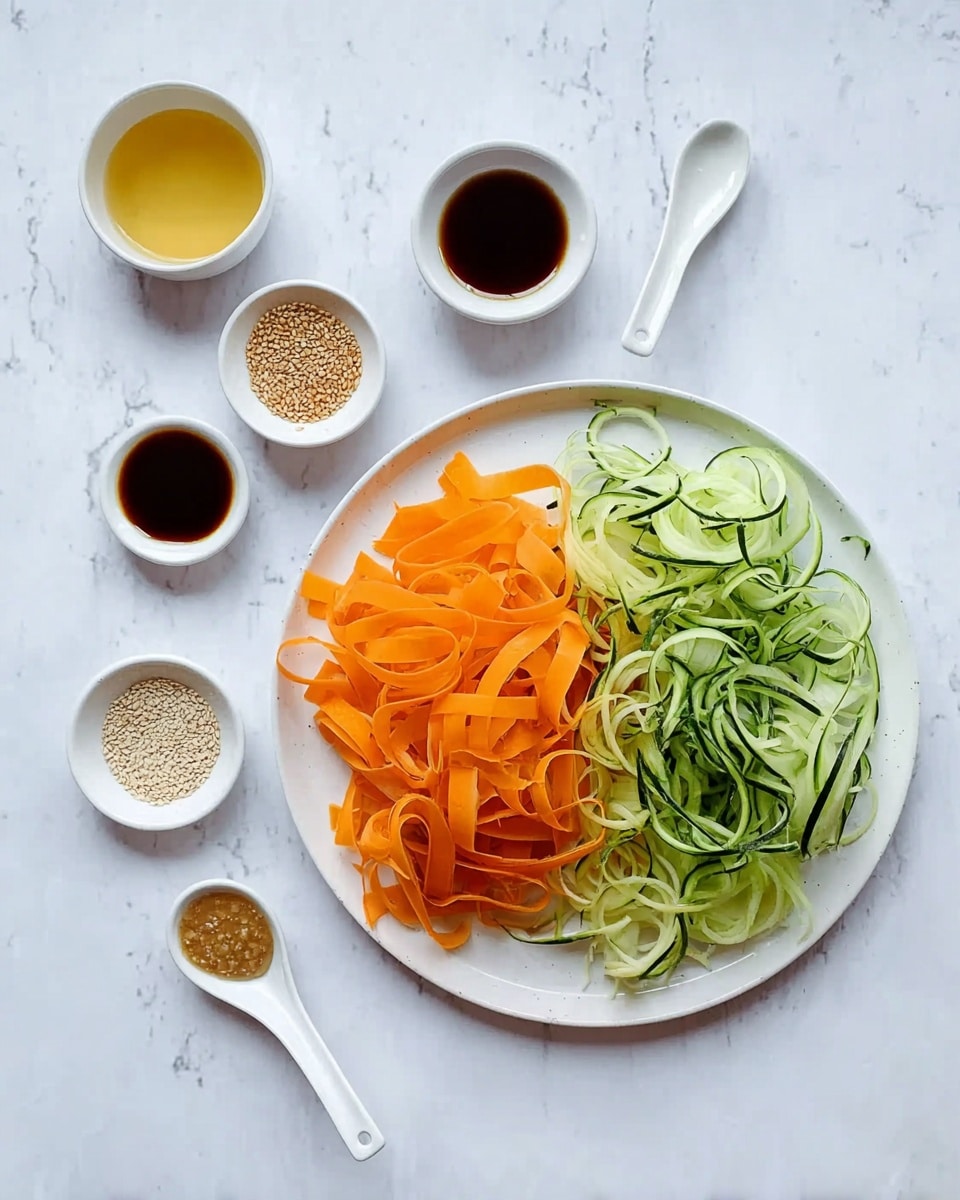 The image shows a white plate on a white marbled surface. On the plate, there are two main layers: on the left side, thin, wide orange strips that look like carrot ribbons form a pile, and on the right side, thin, curly green ribbons that appear to be cucumber are arranged in a loose pile. Around the plate, there are six small white bowls or spoons, each holding different sauces or seasonings, with colors ranging from dark brown, beige, light yellow, and a mix of sesame seeds. The whole setup looks clean and fresh. Photo taken with an iphone --ar 4:5 --v 7