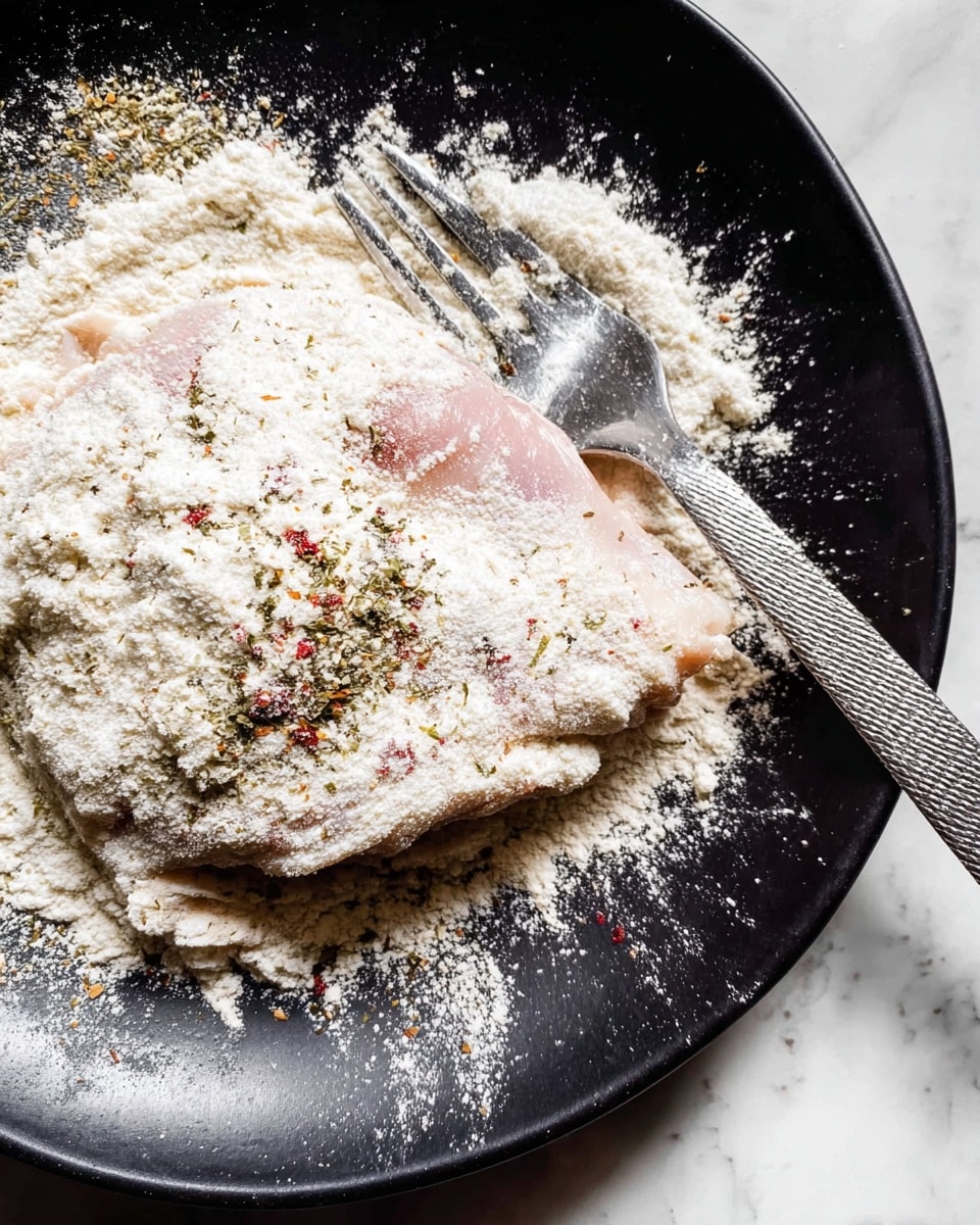 A close-up view of a piece of raw chicken with light pink skin, partially covered in a white flour and spice mixture that spreads unevenly in a black plate. The flour layer is dusty white, mixed with small green and red herb flakes. A silver fork with a shiny, textured handle rests on the right side of the plate, partially touching the flour and chicken. The plate is placed on a white marbled surface. photo taken with an iphone --ar 4:5 --v 7