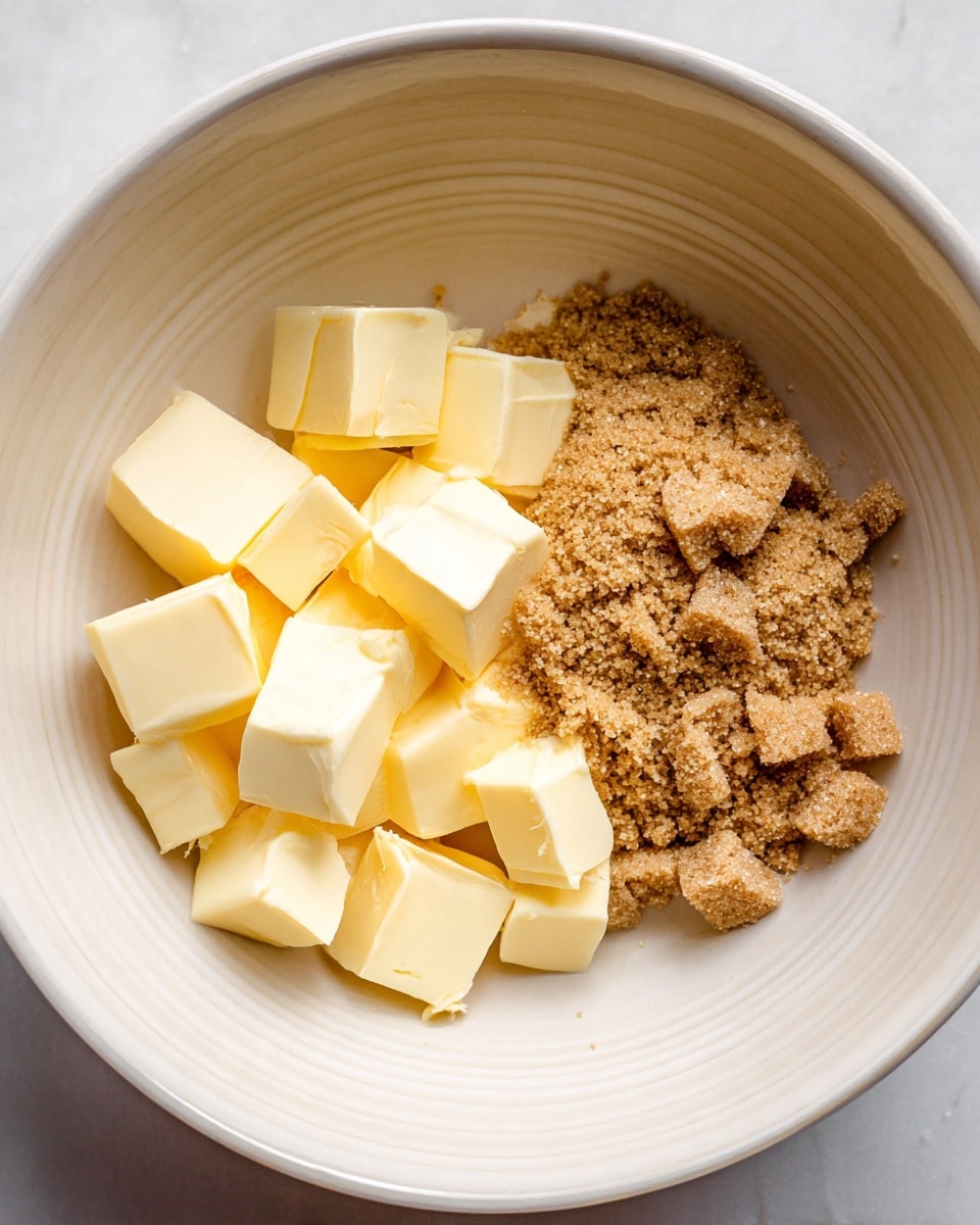 In a white bowl on a white marbled surface, there are two main layers of ingredients side by side: on the left, pale yellow butter is cut into small cubes with smooth and slightly shiny texture; on the right, there is a pile of light brown soft brown sugar with a grainy and slightly clumpy texture. The bowl's inside is off-white and has a few concentric circular ridges visible. Photo taken with an iphone --ar 4:5 --v 7