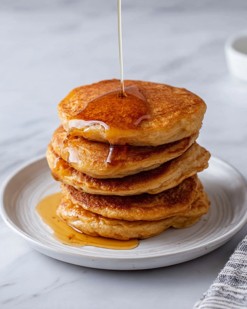 A stack of five thick, fluffy pancakes with a light brown color and soft texture sits on a white plate with a subtle pattern around the edge, placed on a white marbled surface. Golden syrup is being poured slowly over the top pancake, dripping down the sides and pooling slightly at the base. The pancakes show slight variations in shape and color, with darker browned edges that add depth. The scene includes a small part of a striped cloth napkin on the right, adding a cozy touch. Photo taken with an iphone --ar 4:5 --v 7
