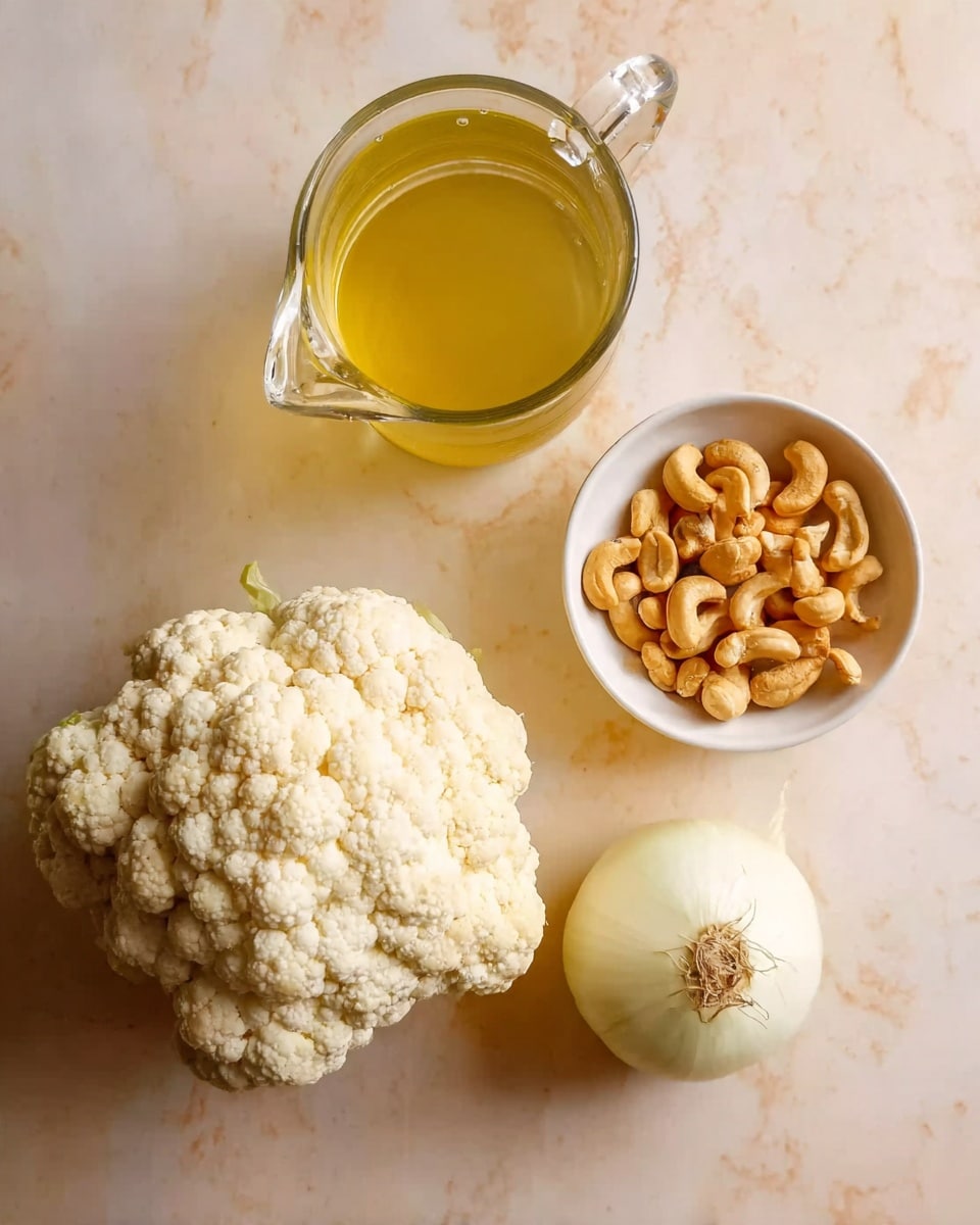 The image shows four ingredients placed on a white marbled surface: at the top center, a clear glass jug filled with light yellow liquid; below it to the left, a small white bowl filled with golden brown cashew nuts; to the right of the bowl, a whole white onion with a smooth outer skin; and at the bottom left corner, a large head of cauliflower with tightly packed white florets. The overall scene is bright with warm tones. photo taken with an iphone --ar 4:5 --v 7