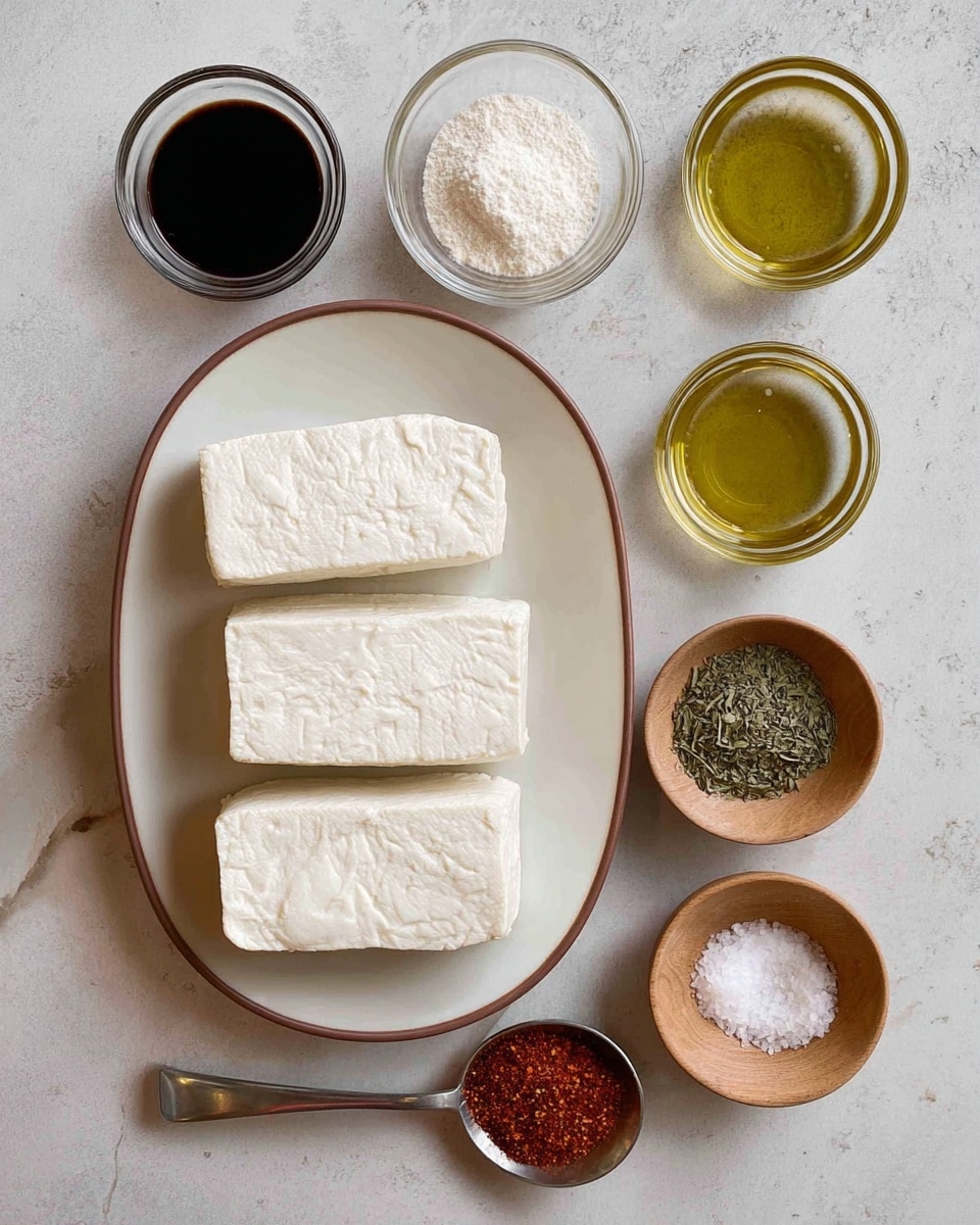 Two thick white tofu slabs with a soft and slightly wrinkled texture sit side by side on a white oval plate with a thin brown rim. Surrounding the plate are six small containers: at the top left, a glass bowl filled with dark soy sauce; next to it in the center, a glass bowl holding white, fine powder; and at the top right, a glass bowl with golden cooking oil. To the right of the tofu plate, two small white round bowls hold dried green herbs with fine leaves. At the bottom left and right, two small wooden bowls contain coarse white salt and light brown granulated seasoning. Centered at the bottom is a silver measuring spoon filled with red paprika. All items are arranged neatly on a surface with a white marbled texture photo taken with an iphone --ar 4:5 --v 7