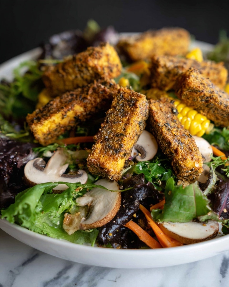 A white plate holds a fresh salad made of mixed greens, dark leafy vegetables, and shredded orange carrot pieces forming the bottom layer. Scattered on top are white mushroom slices with visible dark centers and small sections of bright yellow corn on the cob. The upper layer is made of several rectangular, golden-brown pieces coated with herbs and spices, giving a rough textured look. The overall colors are green, orange, yellow, brown, and white, with a dark blurred background and a white marbled surface below. photo taken with an iphone --ar 4:5 --v 7