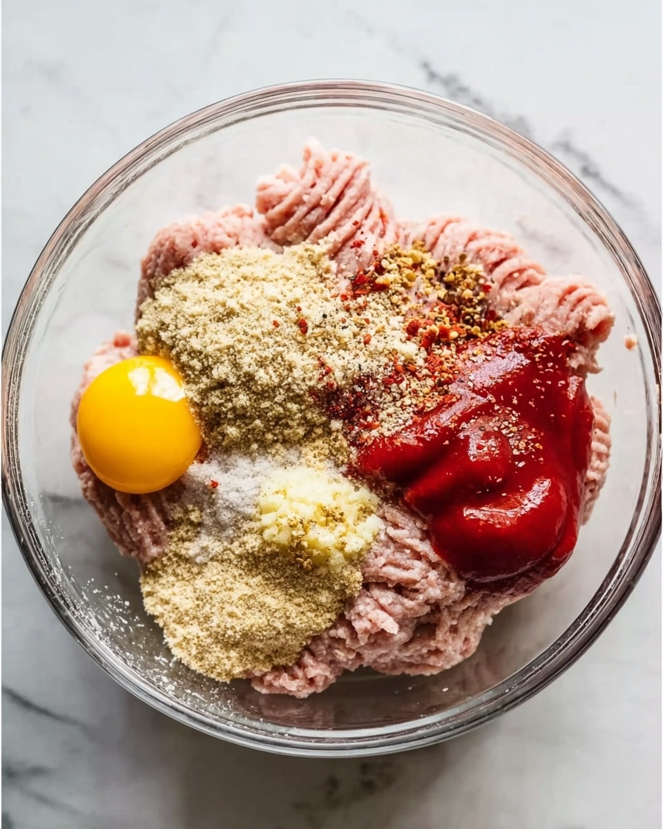 A clear glass bowl sits on a white marbled surface, filled with layers of ingredients for a recipe. The bottom and middle layers are made up of pale pink ground meat that has a soft, uneven texture. On top of this layer, to one side, there is a whole raw egg yolk, bright yellow and round with an intact shiny surface. Next to the egg yolk, there is a large pile of beige breadcrumbs with a crumbly texture. Next to the breadcrumbs is a vibrant red layer of thick ketchup, glossy and smooth. Light-colored mustard and some white and brown spices are sprinkled on top of the ground meat and around the other layers, adding small specks of texture and color contrast. The bowl is simple and round, showing all the layers clearly. Photo taken with an iphone --ar 4:5 --v 7