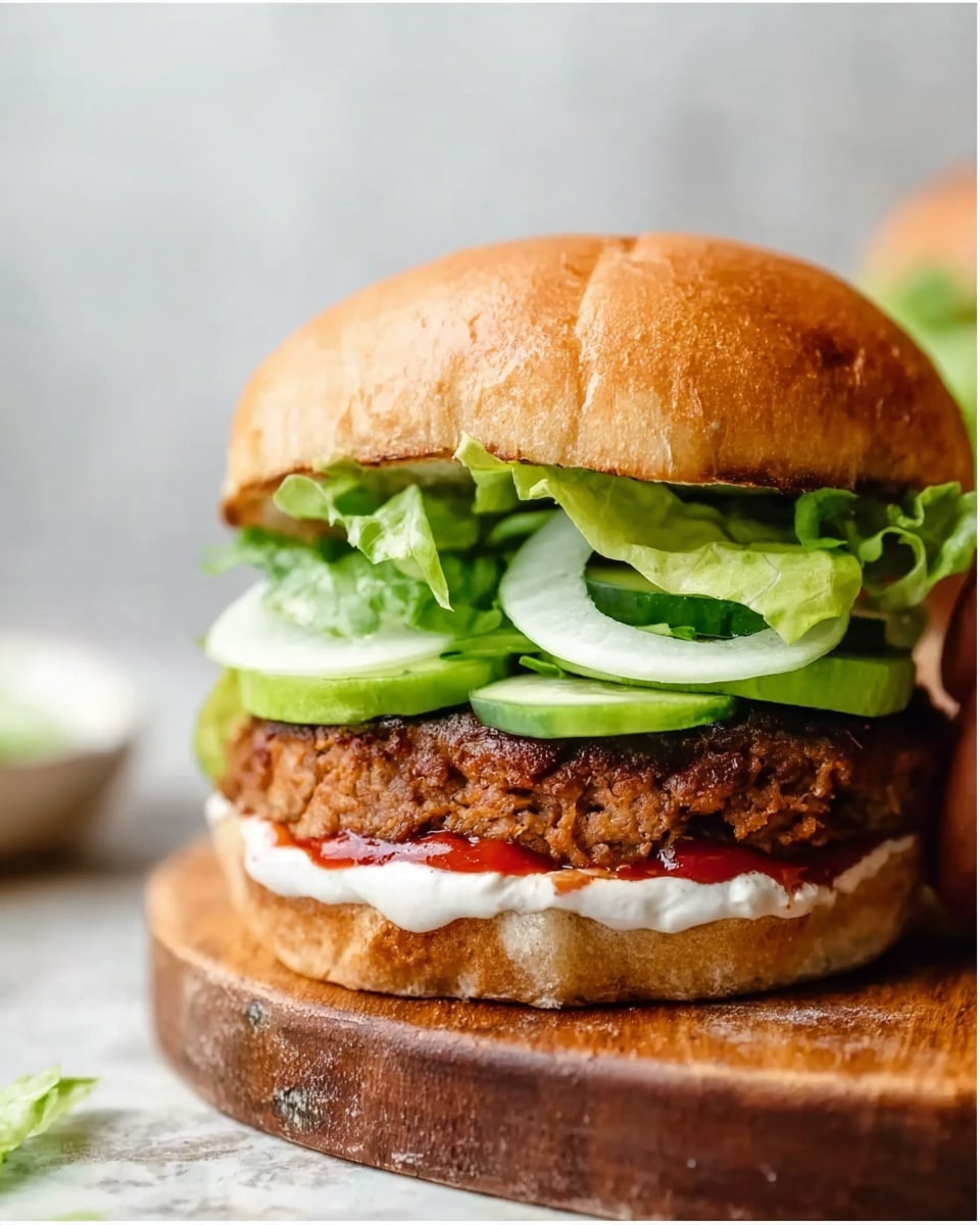 The image shows a close-up view of a burger on a wooden board with a white marbled background. The burger has multiple layers: at the bottom, a browned bun layer with a spread of white sauce and red ketchup. Above that sits a thick, textured patty with a brown color. On top of the patty, there are two fresh green lettuce leaves followed by two thick pale green or white round slices, which seem like cucumber or onion. The top part of the bun, light brown and soft, is slightly lifted and partly out of focus in the background. A woman's hand is seen gently holding the top bun from the right side. photo taken with an iphone --ar 4:5 --v 7