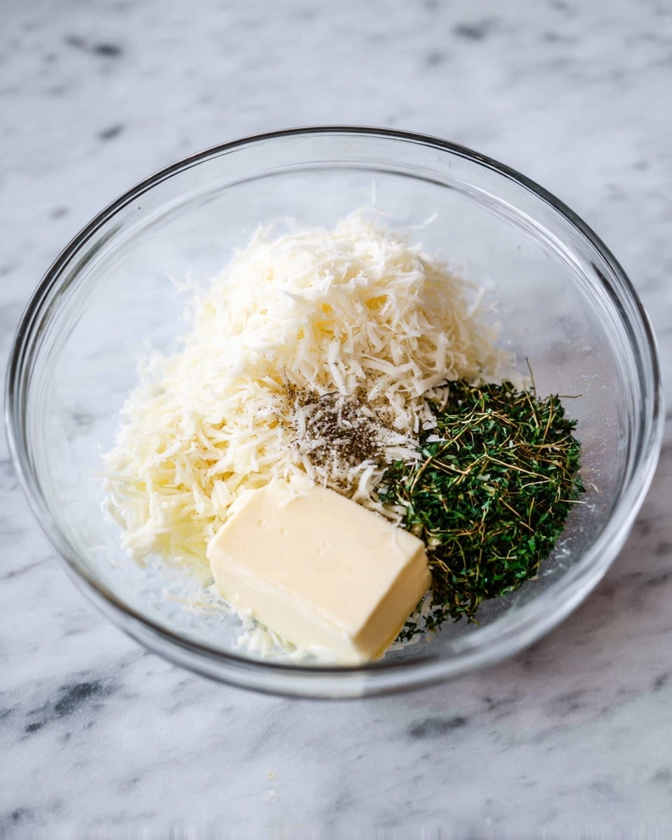 A clear glass bowl sits on a white marbled surface, containing four separate layers of ingredients: a mound of finely grated white cheese on the left, a thick pale yellow block of butter in the front right, a small pile of chopped dark green herbs behind the butter, and some black and white pepper sprinkled near the herbs, creating a mix of soft, crumbly, and leafy textures all visible inside the bowl photo taken with an iphone --ar 4:5 --v 7