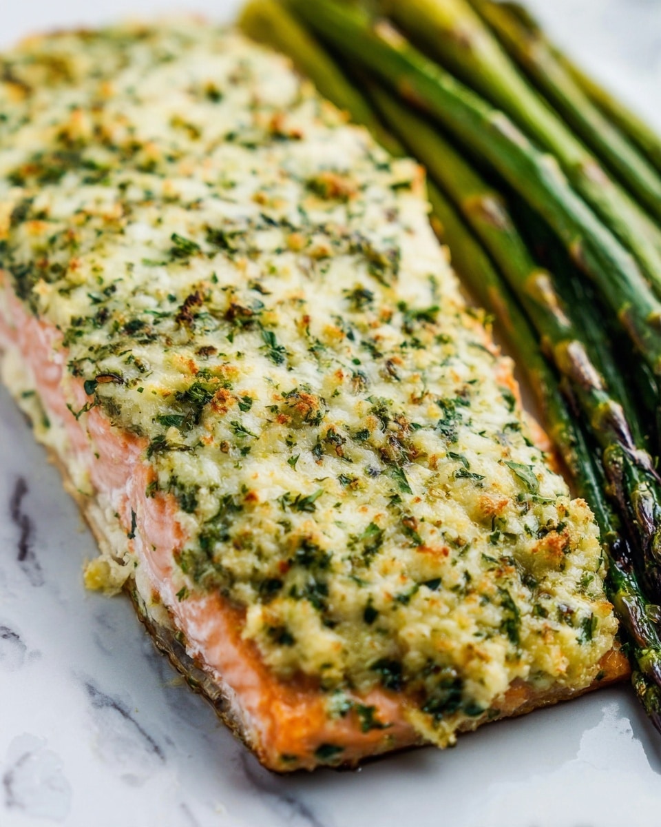 The image shows a large piece of cooked salmon with a thick, herb-covered topping that is pale yellow with green flecks, spread evenly over the fish. The salmon underneath is orange-pink and visible at the edges, with a slight crisp texture at the bottom. Next to the salmon on the right side are several long stalks of grilled asparagus, dark green with light char marks. All of this is placed on a clean, white plate with a white marbled surface in the background. photo taken with an iphone --ar 4:5 --v 7