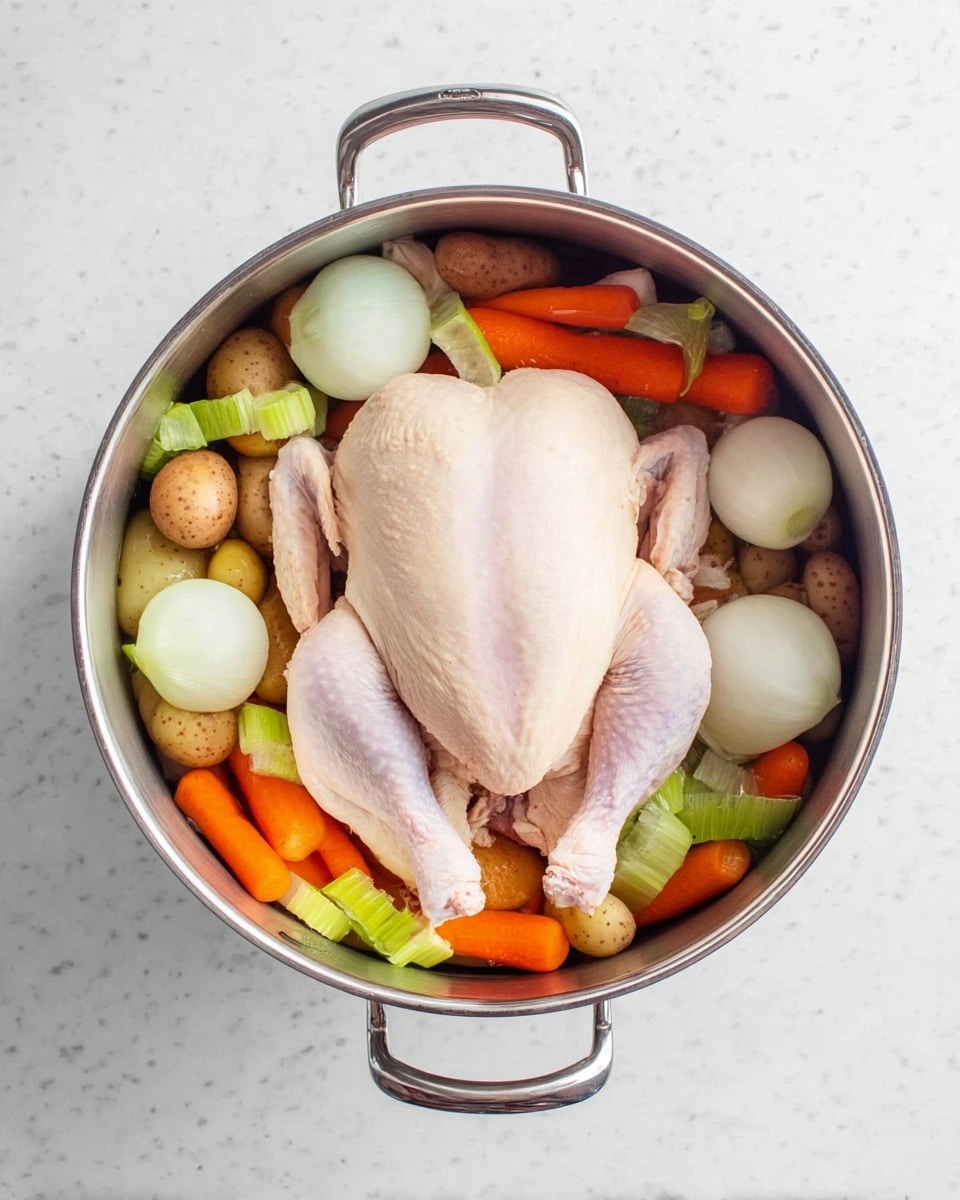 A large silver pot holds a whole raw chicken placed in the center, its pale pink skin smooth and slightly shiny. Around the chicken, there are four large pieces of white onion positioned at the edge of the pot, evenly spaced. Beneath and around these, chunks of bright orange carrots, small whole garlic cloves, light green leek slices, and small light brown round potatoes fill the space, creating a colorful mix visible from above. The pot sits on a white marbled surface. photo taken with an iphone --ar 4:5 --v 7