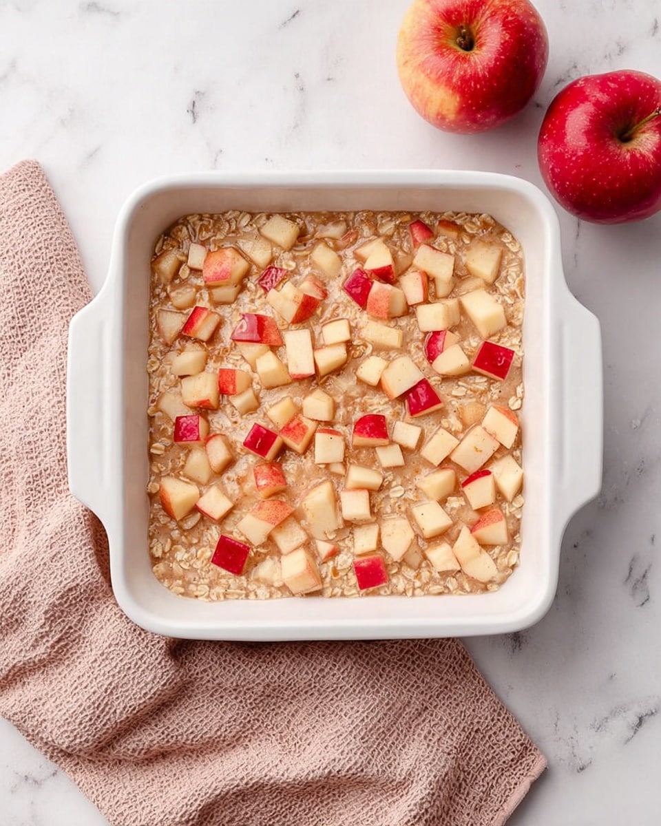 The image shows a white square baking dish filled with a mixture of oatmeal and diced apples. The oatmeal layer is light brown with a soft, creamy texture and is topped with many small apple cubes scattered evenly across the surface. The apple pieces are red and cream colored, giving a fresh, colorful contrast against the oatmeal. Two whole red apples are placed beside the dish on a white marbled surface, and a pale pink textured cloth is laid next to the lower right corner of the baking dish. Photo taken with an iphone --ar 4:5 --v 7