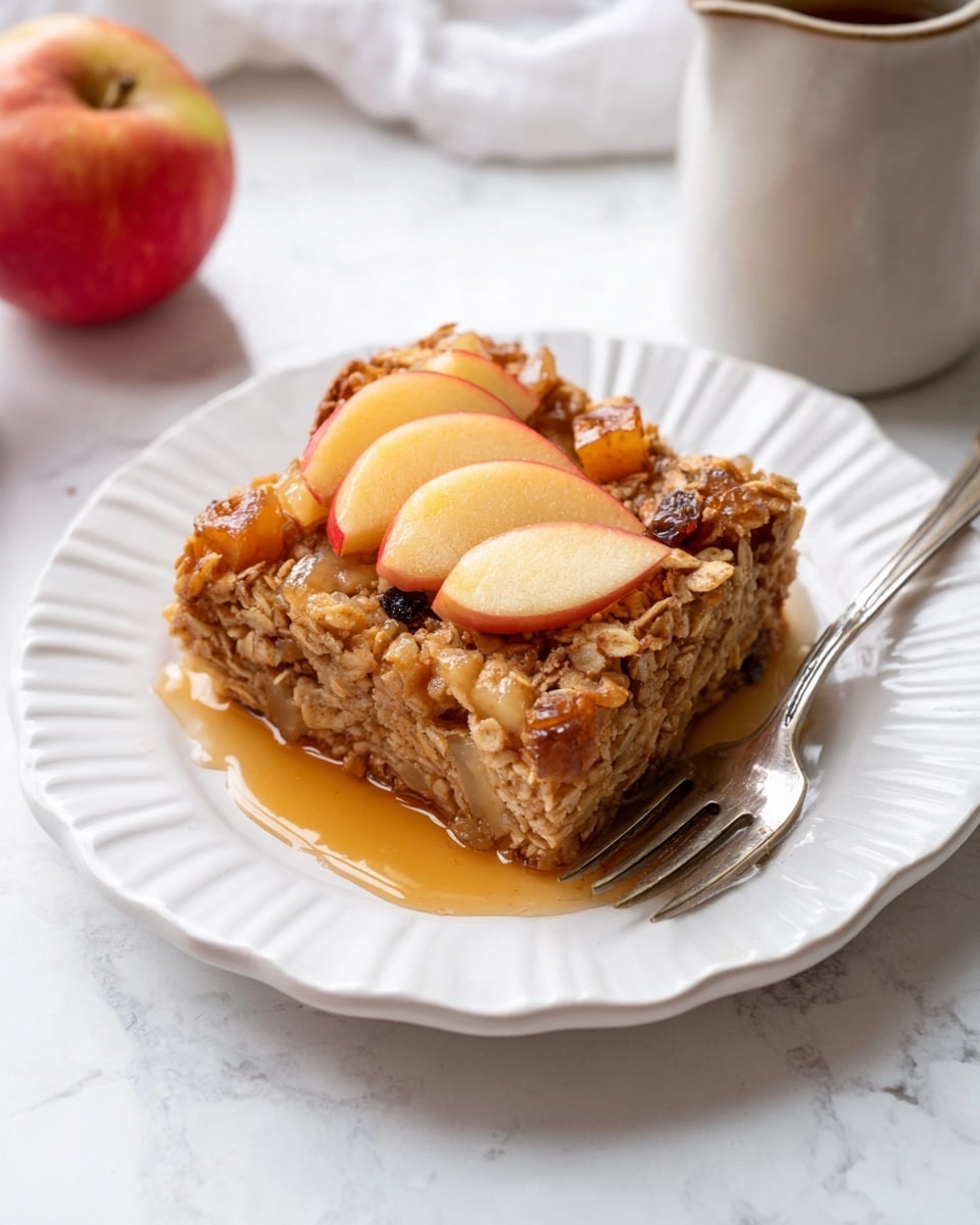A square piece of baked oatmeal sits on a white scalloped plate, with a layer of oats mixed with small apple cubes and raisins. On top, there are three thin slices of fresh apple arranged in a fan shape. The oatmeal looks moist and dense with a golden-brown color from baking and a shiny layer of syrup pooled around the base. A silver fork rests next to the oatmeal on the plate. The background is a white marbled surface, with a ceramic jug partly visible to the upper right. Photo taken with an iphone --ar 4:5 --v 7