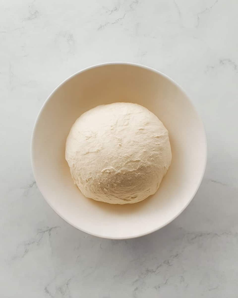 A round, smooth ball of dough with a soft, slightly textured surface sits centered in a white bowl. The bowl is placed on a white marbled surface, creating a clean and bright background. The dough is pale and uniform, with gentle creases suggesting it has been kneaded well. The image is minimalist with a focus on the single dough ball and the subtle patterns of the bowl and marble beneath it. photo taken with an iphone --ar 4:5 --v 7